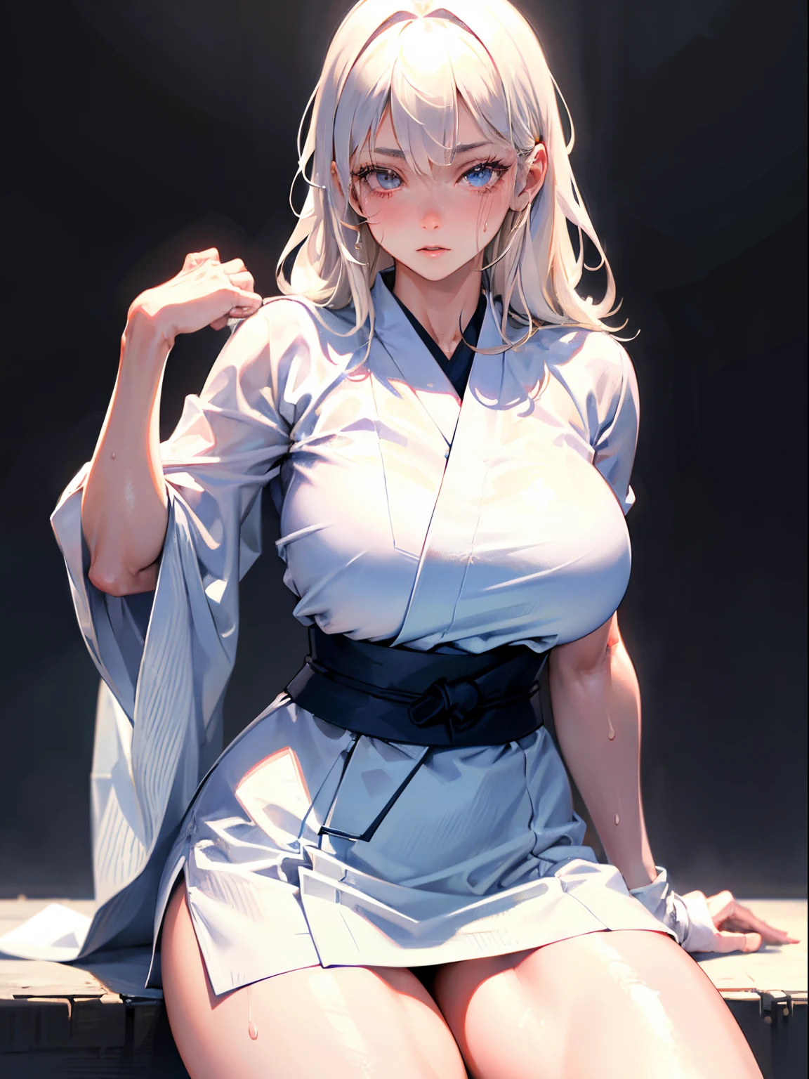 (Best Quality, masutepiece), 1 girl, Pose, judo athlete,white kimono, Large breasts,nice legs,In judo venue,Detailed beautiful face,Detailed eyes,detailed hairs,detailed  clothes,Detailed realistic skin,cool,sweat,