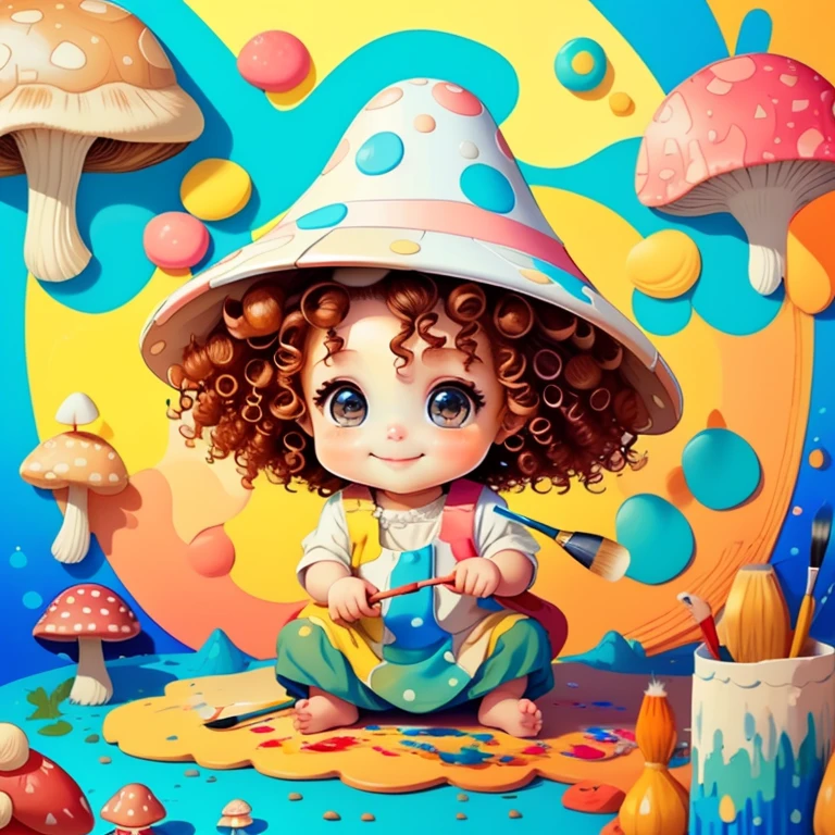 (cute baby girl with curly hair smiling with a paintbrush painting a beautiful mushroom), Munchkin ,Geometric multidimensional wall portrait, livro de arte, Tchibi,
Yang08k, Beautiful, Colouring,
Obras, of the highest quality, best quality, Arte Oficial, Beautiful and Aesthetic,