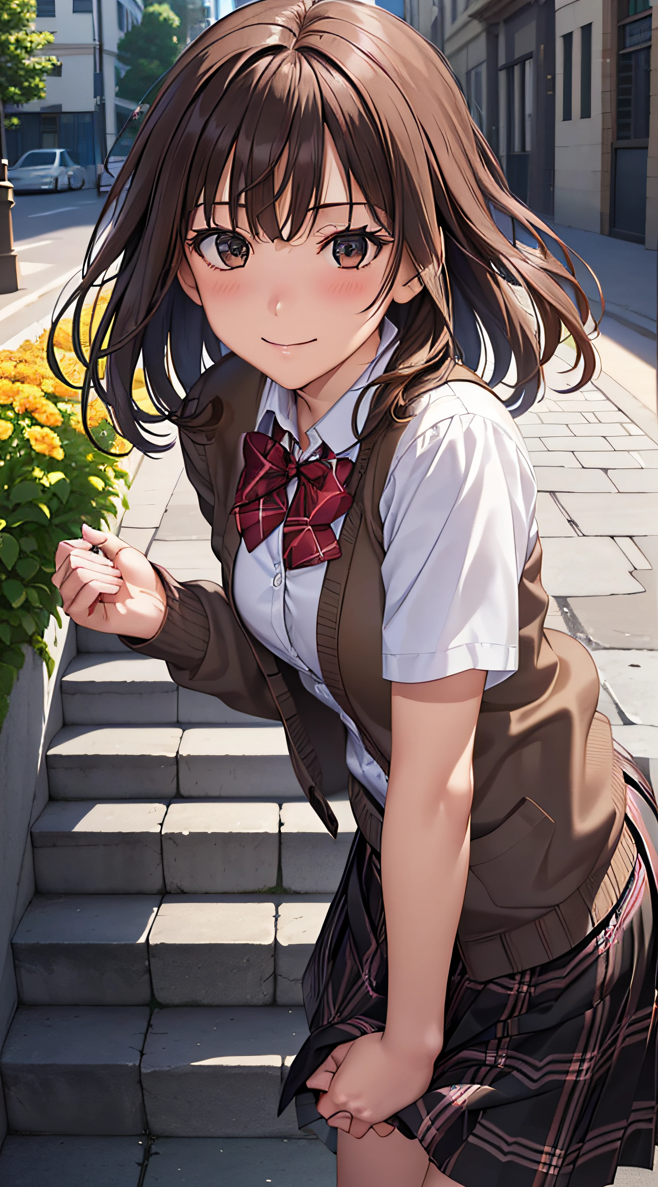 ((masutepiece, Best Quality, hight resolution, nffsw, Perfect Pixel, 4K, nffsw, nffsw))), 1girl in, Single, Solo, Beautie、full body seen、 ((Middle Wave Hair, Bangs, Brown hair)), ((Brown-eyed, Beautiful eyelashes, Realistic eyes)), ((Detailed face, Blushing:1.2)), ((Smooth texture:0.75, Realistic texture:0.65, Photorealistic:1.1, Anime CG style)), medium breasts, Dynamic Angle, Perfect body, ((red bowtie, School uniform, Black jacket, Open jacket, Brown cardigan, White shirt, Black skirt, plaid skirts)), City staircase、Looking up from the bottom of the stairs、Very embarrassing panic smile, turned around、bending forward、(The wind flipped my skirt and exposed my butt..................、Touching the buttocks with both hands、White floral lace panties), (Floating skirt:1.1),,( pantyshot:1.1),