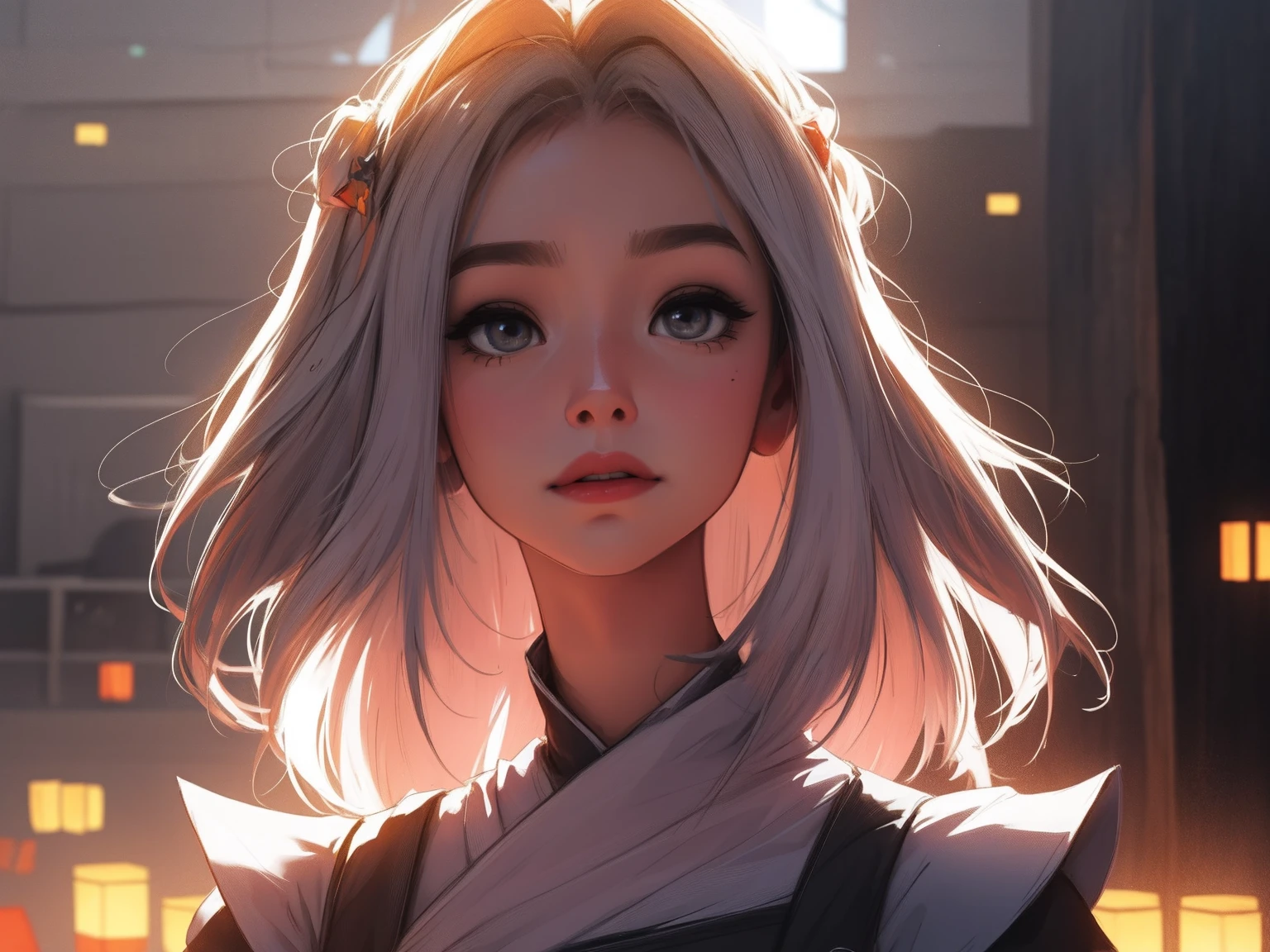 master part, 4K Ultra HD, foco nítido, Realistic; the girl on Gura style Gawr from hololive in a stylized jumpsuit, apenas parte superior, Close to the camera. Mantenha o rosto da Gawr Gura, mais realista.