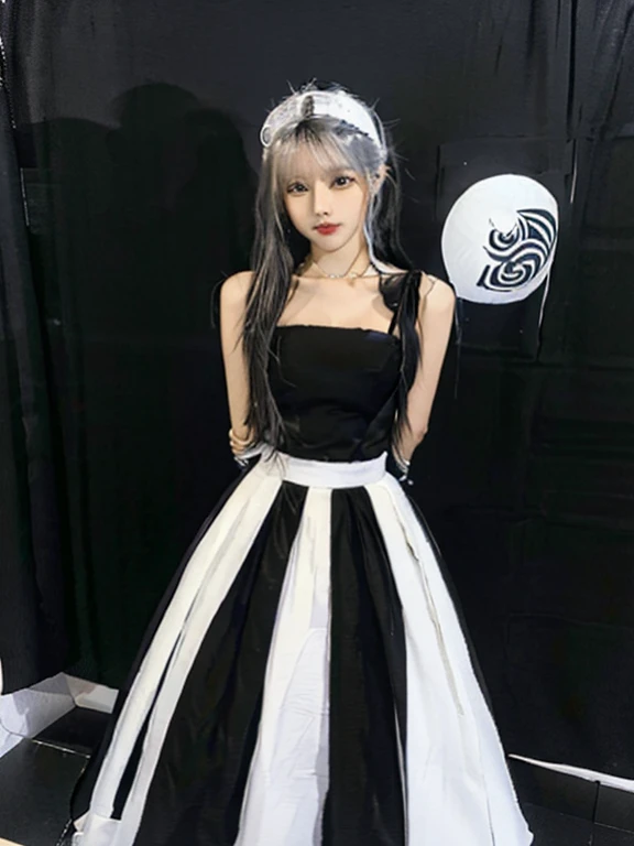 Full body view  of five fashion girl  with channel costume black and white dress. Different fabric material and style for each girl. Dress design inspired by yin yang.