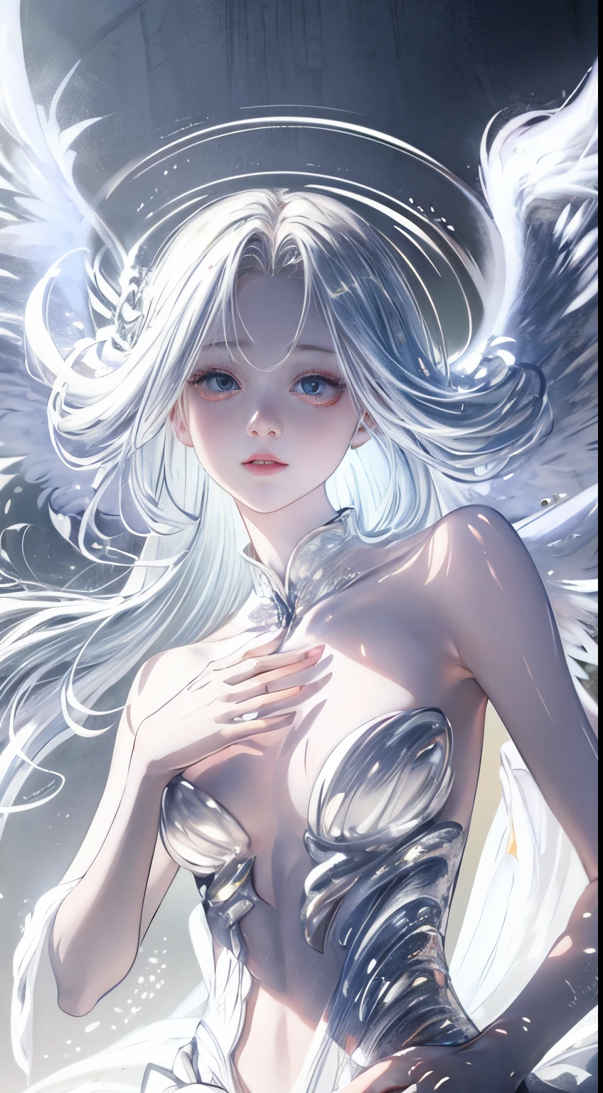realistic photo, best quality possible, albino angel woman, she has no eyebrows, red lips, wears all white clothes, skin-tight, covers from head to toe, energetic halo over the character's head, has no hair bare, completely white energetic eyes, wings energetic like an angel, she floats in a totally white lit room
