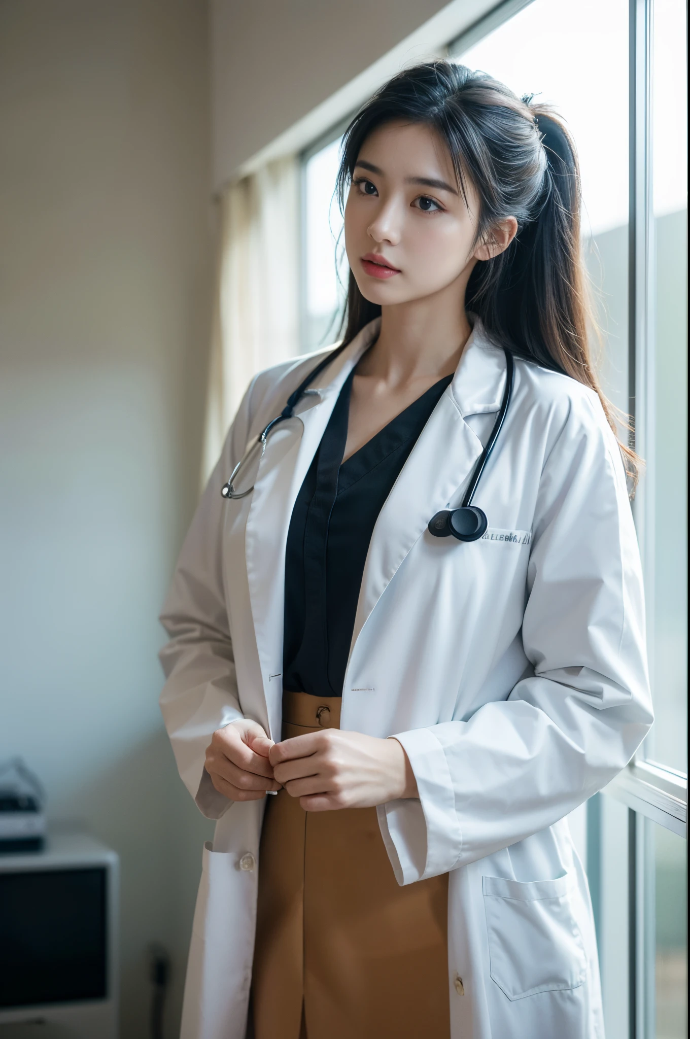 Photorealistic beautiful doctor、stunningly beautiful、doctors white coat, Collared shirt、(top-quality、8K、32K、​masterpiece、nffsw:1.3)、超A high resolution,(Photorealsitic:1.4),Raw photography, Detailed face,,Beautiful hair, ((Doctor Style)), , Black tight skirt、 Natural makeup,, large full breasts、inside hospital, Detailed background, Perfect Lighting, depth of fields, Beautiful shadow gradient,stethoscope ,