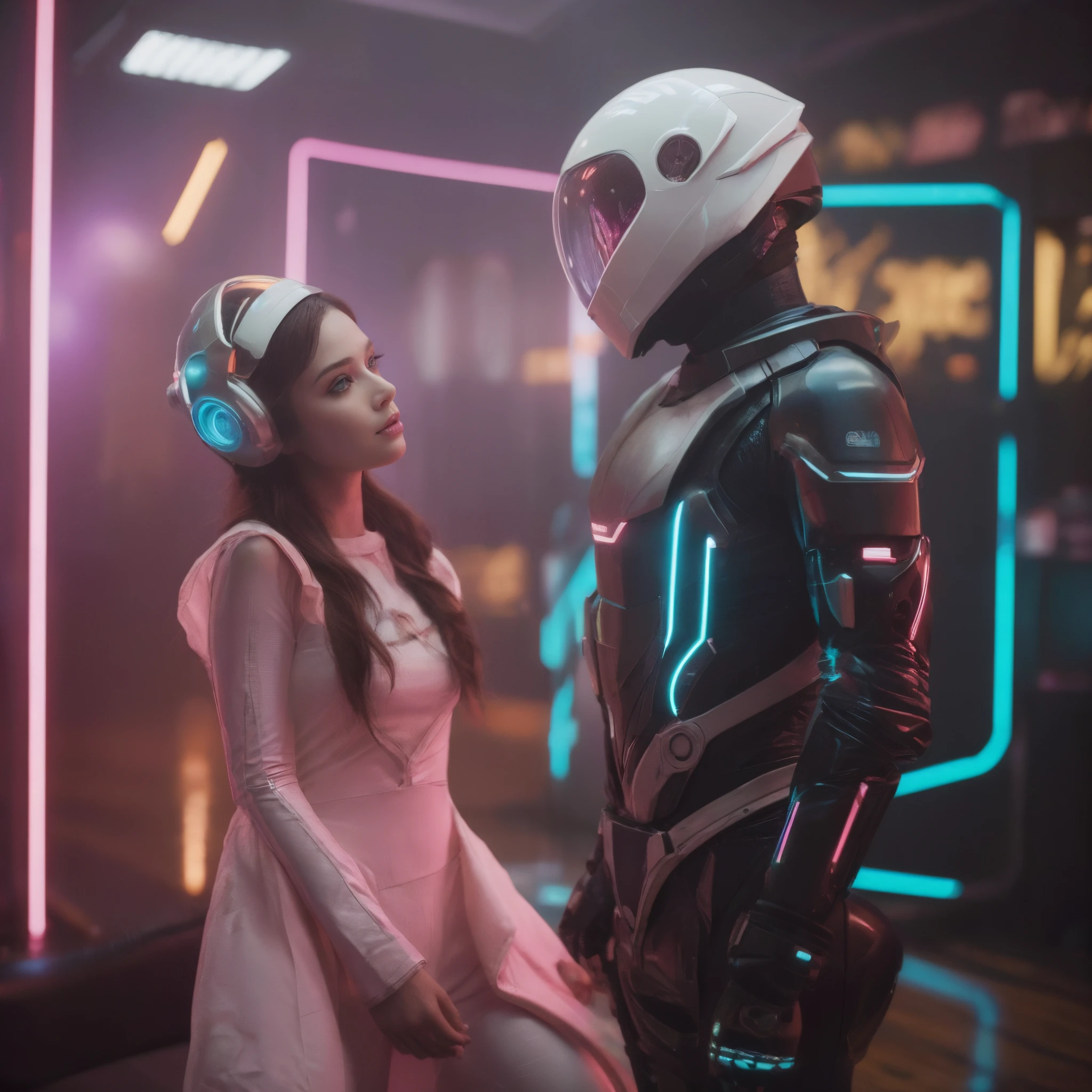 Electric love, two human alike android robots (man and woman) in futuristic helmets with musical equipment and speakers behind them, above neon lights on the floor, Future Bounce music on the background, more space around them, in the style of a future science, cinematic dark tones, f/2.8 70-200 Canon 5D mark IV, good quality like real photo with Hollywood 3D graphic elements and optical flares