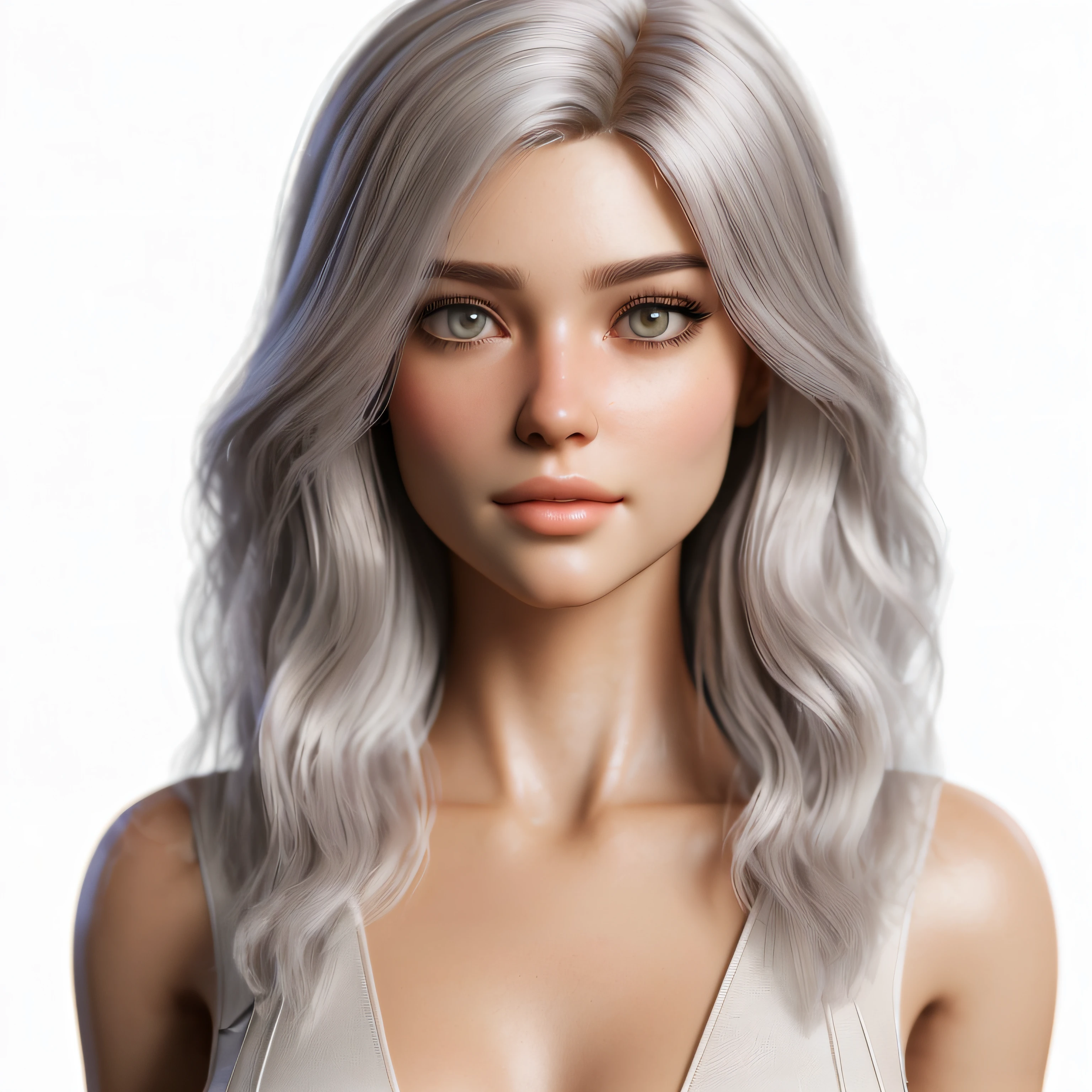 a close up of a woman with long hair and a white top, highly detailed realistic face, detailed realistic face, render of april, realistic detailed face, 3d character realistic, photorealistic style, realistic beautiful face, girl silver hair, beautiful realistic face, realistic female faces, 8k portrait render, smooth 3d cg render, photorealistic beautiful face
