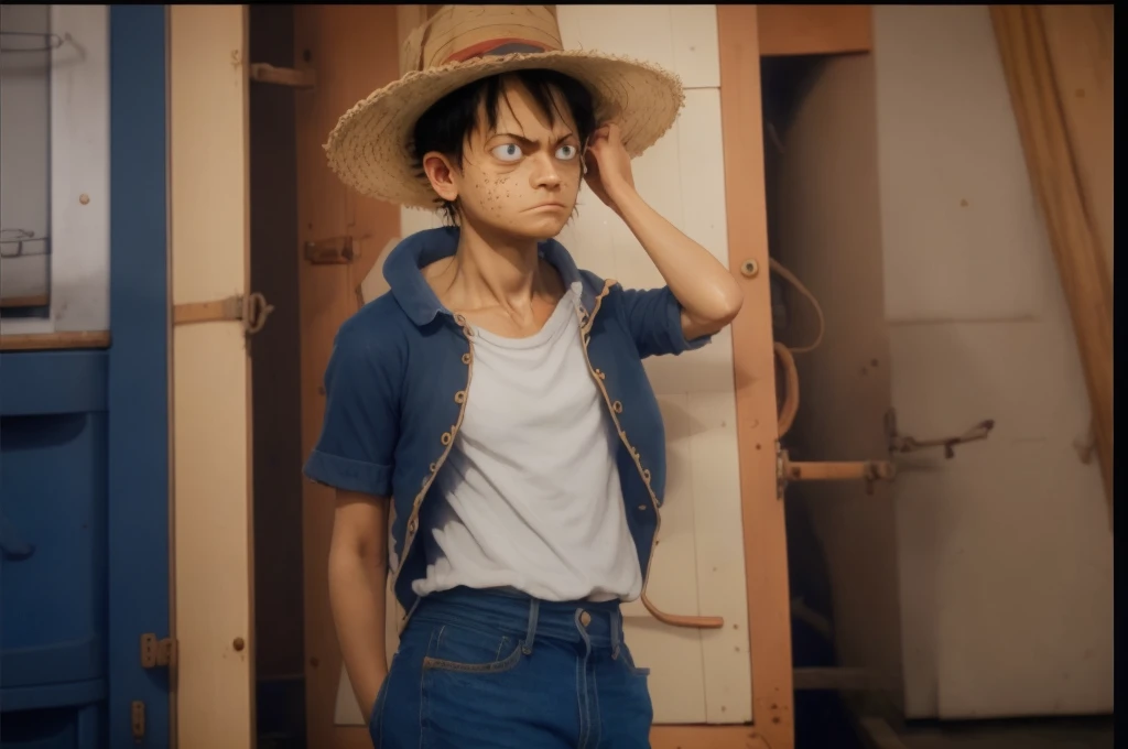 She  name is Luffy，But she is a girl ，She has black hair, Furry hair，Round black eyes，Slim muscles，Snow-white plump chest，No abs，There are fish lines。She is best known for she signature straw hat，The straw hat was loaned to him by the legendary pirate captain "Redhead" Shanks when he was young，[35]The latter, por sua vez, from Gore S. D. Roger got it there。[43]Luffy She wears blue shorts with cuffs、Sandals and sleeveless red vest。Luffy also had a scar with two stitches under his left eye，This was obtained as a child by stabbing him in the face，to show Shanks that she is strong enough，Can become a pirate。[44]she was severely wounded by Akainu in the Summit War of Marineford，[45]
