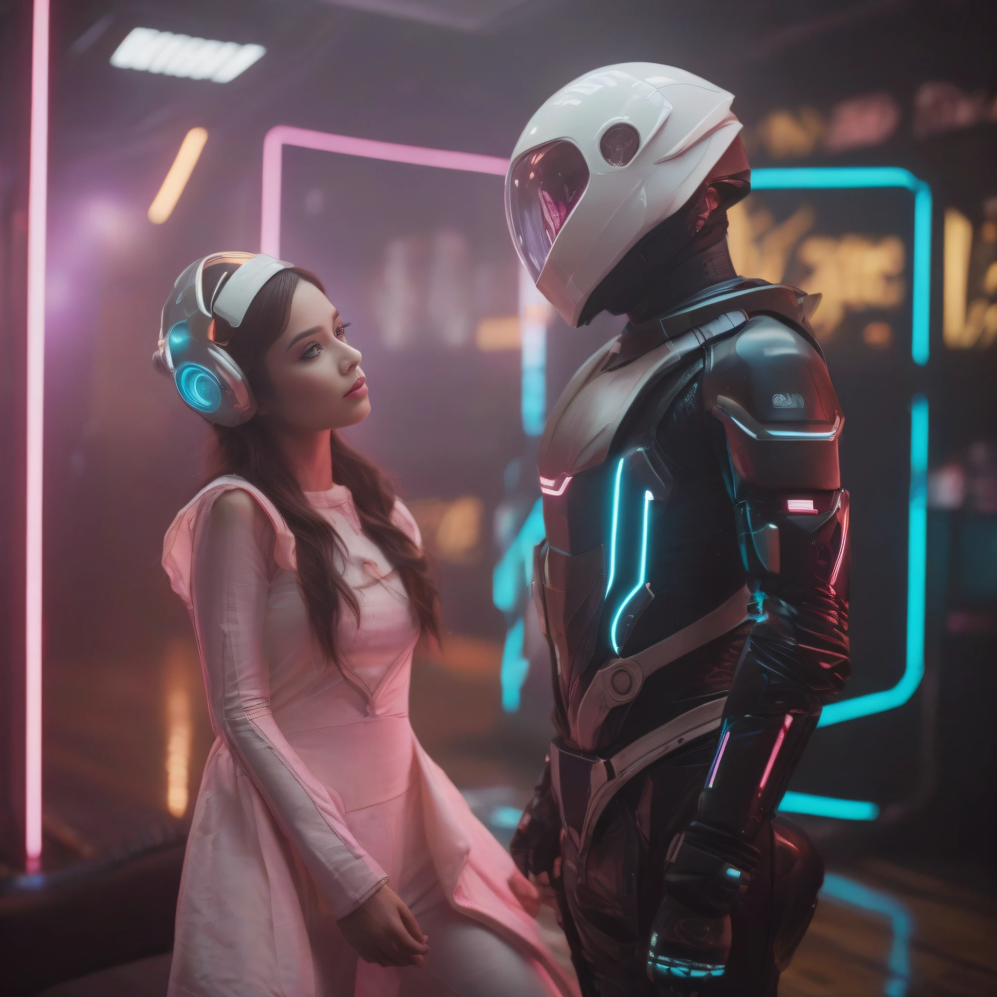 Electric love, two human alike android robots (man and woman) in futuristic helmets with musical equipment and speakers behind them, above neon lights on the floor, Future Bounce music on the background, more space around them, in the style of a future science, cinematic dark tones, f/2.8 70-200 Canon 5D mark IV, good quality like real photo with Hollywood 3D graphic elements and optical flares