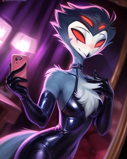 (furry art, upload on e621), ((stolas)), (anthro, furry), seductive, (blush, glowing, nose blush), ((latex leggings, latex gloves)), smirk, collar, smile, [mirror selfie], (mirror background), 1girl, panties, (vagina), (breasts), chest tuft, from front, grey fur, short hair, dynamic pose, black hair, white face, girly, (skinny), black legs, (solo), four eyes, tail, red eyes, extra eyes, (standing), masterpiece, (best quality:1.2), sharp image, detailed image, colorful, vibrant colors, detailed face, perfect lighting, perfect shadows, perfect eyes, perfect face, (detailed background, depth of field), (4k, 2k, shaded, absurd res),, 8k hd, (by zackary911, by darkgem), by syuro, (by kenket), by Pino Daeni, by Ruan Jia, by Shiitakemeshi, by Alayna Lemmer, by Carlo Galli Bibiena,