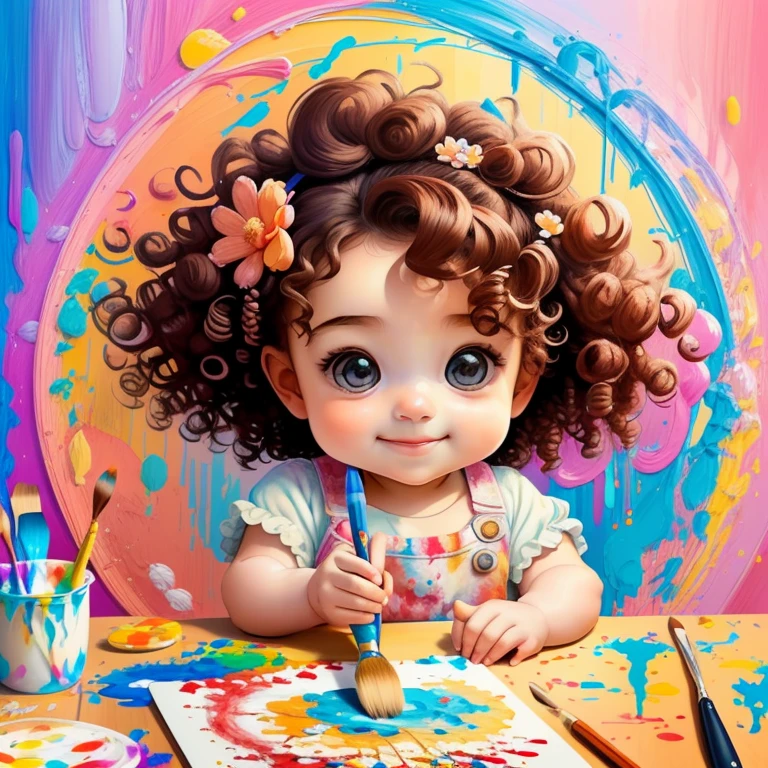 (cute baby girl with curly hair smiling with a paintbrush painting a beautiful flower), Munchkin ,Geometric multidimensional wall portrait, livro de arte, Tchibi,
Yang08k, Beautiful, Colouring,
Obras, of the highest quality, best quality, Arte Oficial, Beautiful and Aesthetic,