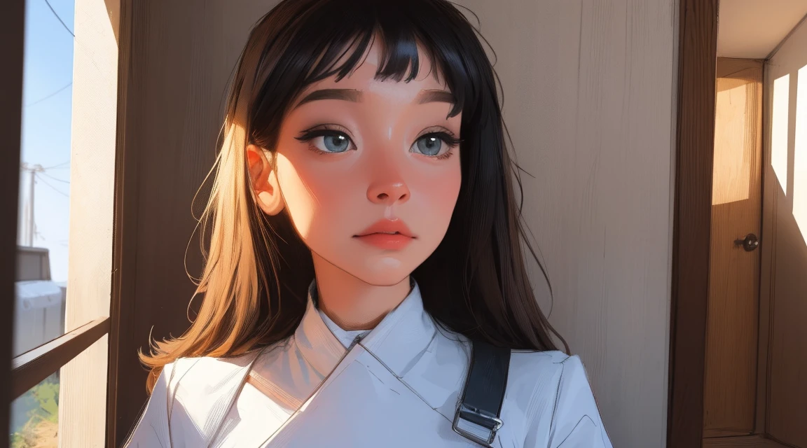 master part, 4K Ultra HD, foco nítido, Realistic; hololive's style girl Gura Gawr in a stylized jumpsuit, apenas parte superior, Close, mantenha o rosto da Gawr Gura, mais realista, dentro de uma casa.