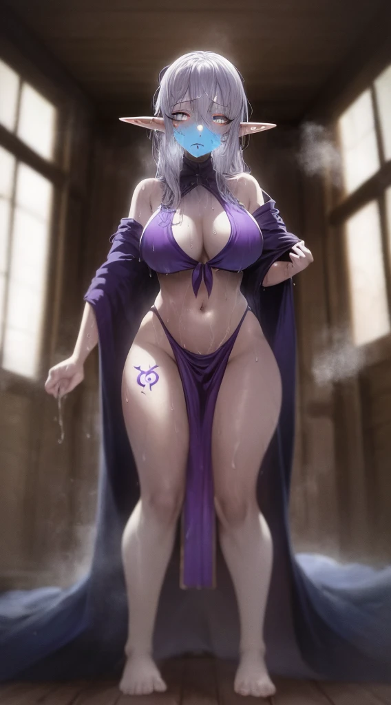 A tall and beautiful elf woman, light blue glowing eyes, cold expression, proud posture, chest up, lavender skin, purple facial tattoos, silver tied hair, exposed chest, exposed shoulders , showing her navel and thighs, looking up at the camera, with sweat on her body, her wet body, in a medieval inn.