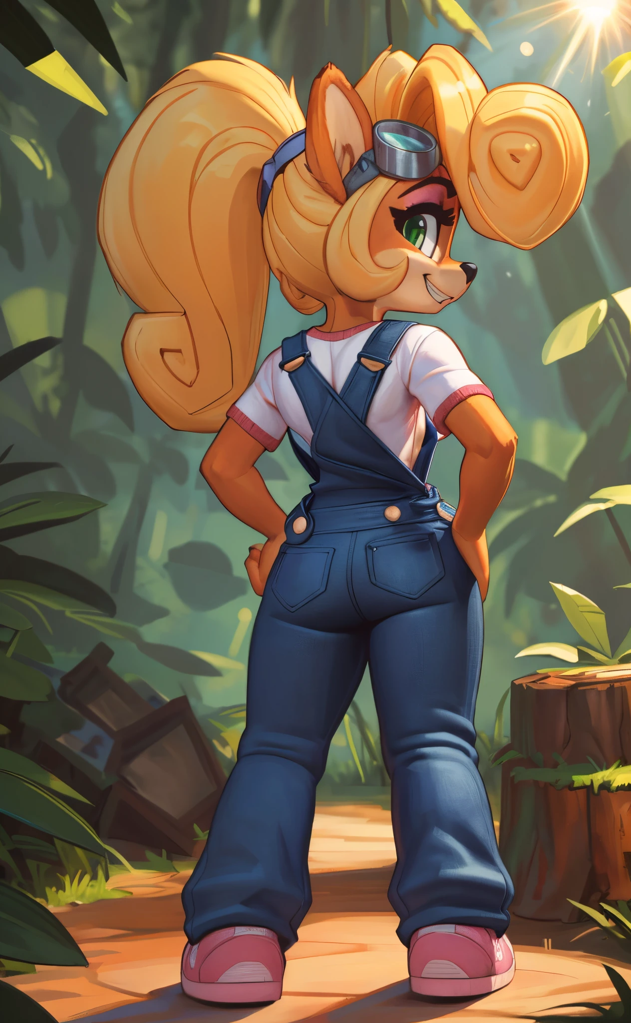[Coco bandicoot], [Uploaded to e621.net; (Pixelsketcher), (wamudraws)], ((masterpiece)), ((HD)), ((solo portrait)), ((full body)), ((back view)), ((shoes visible)), ((furry; anthro)), ((detailed fur)), ((detailed shading)), ((beautiful render art)), ((intricate details)), {anthro; orange fur, black nose, (cute green eyes), (pink eyeshadow), blonde curly hair, curly ponytail, (small boobs), (curvy hips), (excited grin)}, {(white shirt), (blue denim overalls), (tight pants), (pink sneakers), (goggles on head)}, {(standing), (hands on hips), (looking back), (looking at viewer)}, [background; (tropical forest), (tree stump), (sun rays), (pink laptop in background)]