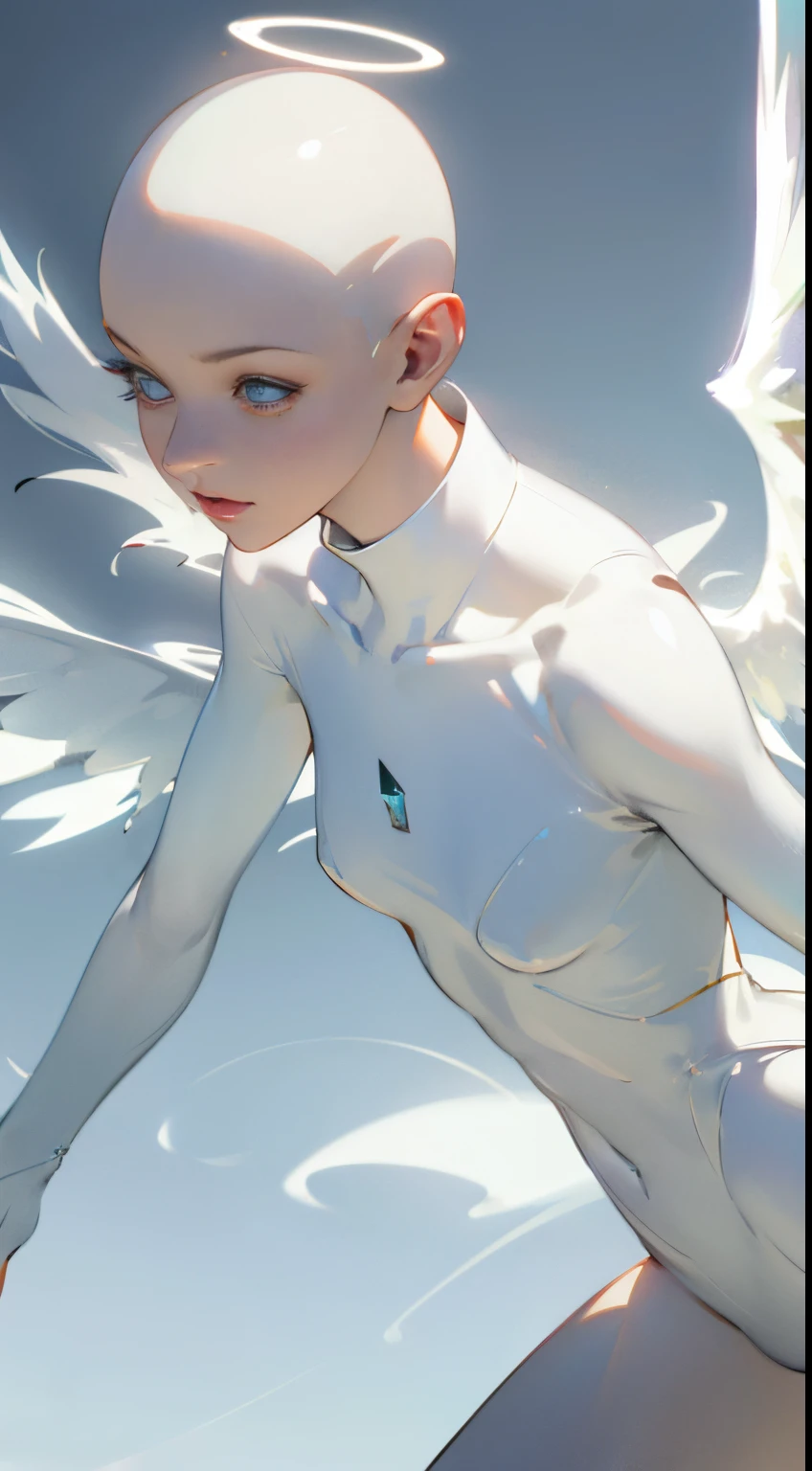 realistic photo, best quality possible, albino angel woman, she has no eyebrows, red lips, wears all white clothes, skin-tight, covers from head to toe, energetic halo over the character's head, has no hair, bald, completely white eyes, wings energetic like an angel, she floats in a totally white lit room