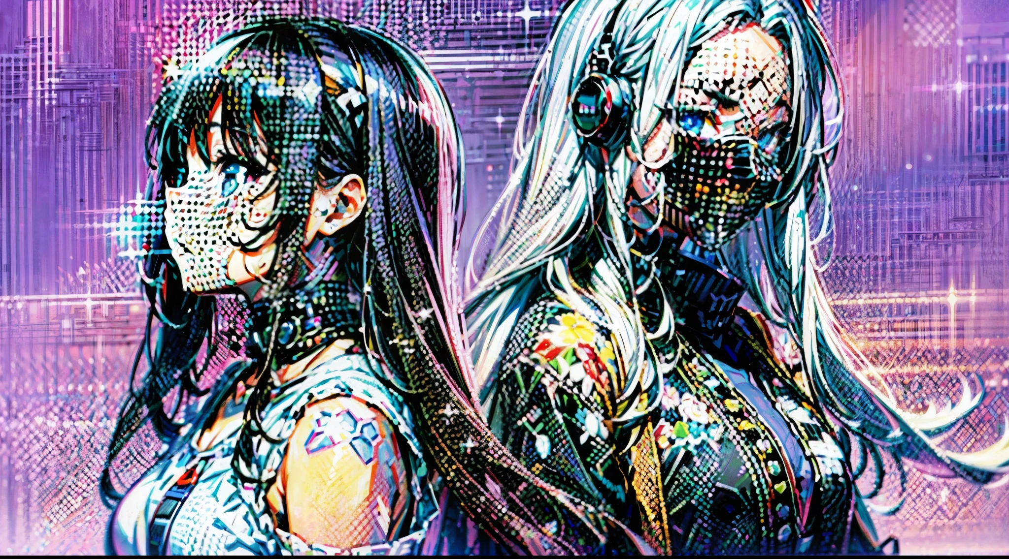 Anime still image of two idols back to back,
AND Modern Chic, Intense, Multi-Layered, Emotional, Gothic, asymmetry, cool, emotional, 1girl, cute, ultra dynamic angle, ultra dynamic posture, ultra detailed, 8k,
AND Modern Chic, Intense, Multi-Layered, Emotional, Gothic, asymmetry, cool, emotional, 1girl, cute, ultra dynamic angle, ultra dynamic posture, ultra detailed, 8k.