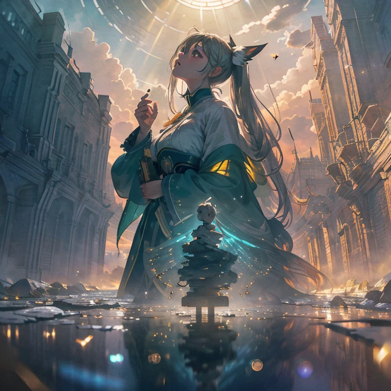 (award winning 64k concept art:1.3) of (young woman looking up standing:1.2), close to camera, sweet, black, front, epic, god rays, (masterpiece:1.4), (best quality:1.4), Amazing, beautiful, finely detailed, (Depth of field:1.4), extremely detailed 64k, fine art, stunning, (light reflections:1), (crisp:1.6), green twin tails, vibrant, (edge detection:1.4), absurdres, impressive, 120mm, clear, lens flare, symmetrical clothes, wide shot, wide angle, fantasy towers over the clouds, dreamy