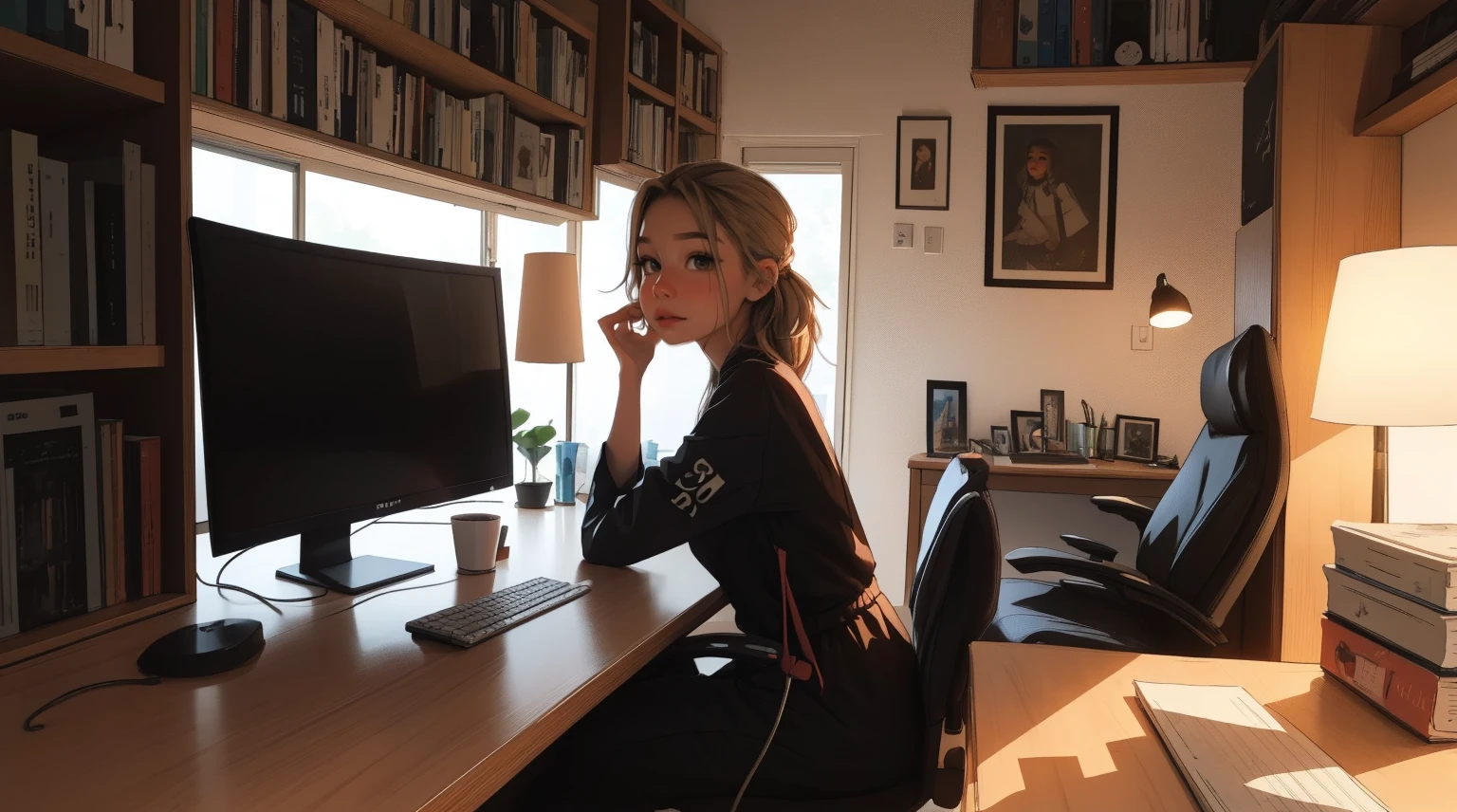 master part, 4K Ultra HD, foco nítido, Realistic; hololive's style girl Gura Gawr in a stylized jumpsuit, apenas parte superior, Close, mantenha o rosto da Gawr Gura, mais realista, sitting on a gaming chair while playing on the computer and in the background a bookshelf with beautiful lighting.