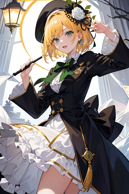 ((tmasterpiece:1.4,best qualtiy))++,(hyper-detailing)+,(best qualtiy,hyper-detailing,vivd colour,rich colourful,dynamic angle,hight contrast:1.2),A ager,Height approx. 168cm,with short golden hair,Green eyes,Wearing a black magic hat,Decorated with white roses and green ribbonagister,There are some patterns under the eyes for decoration。European,circuagister,delicated face,exquisite facial featurerom below:0.5), Fashionab, with dynamism, garments, posing on a, frontage, rich colourful, dyna, Background with, element in, self-assured, Expressing the, statement, fittings, A majestic, coil, Runt, Scenes, Cover of a, boldness, attention-grabbing, Fashionab, typeface, Catchy, attention-grabbinodern day, Fashionab, focal, Fashionab,the night,themoon,stage,performance,A huge scene,lamplight