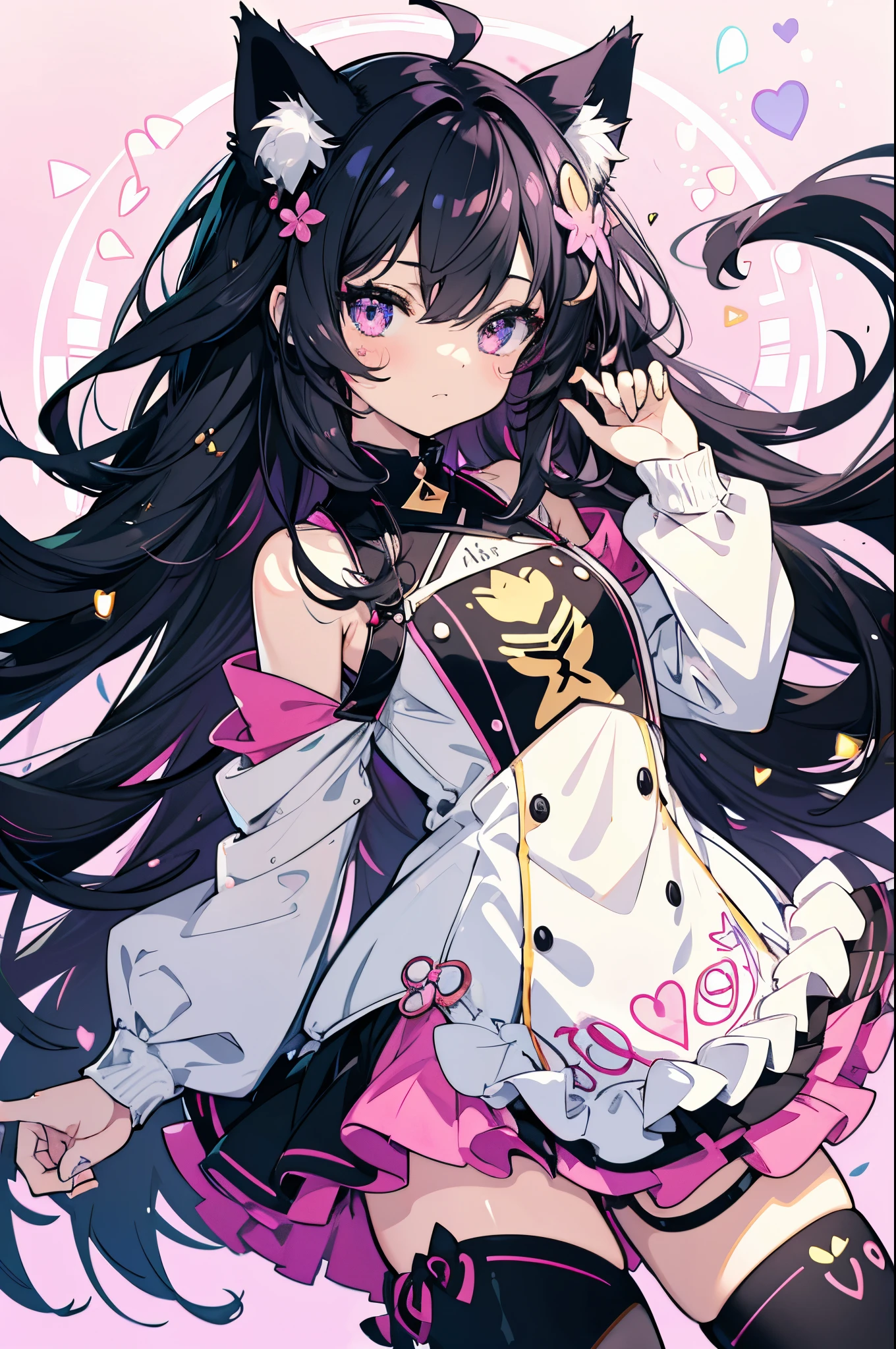 a sticker, Cute anime girl head, long curly black hairstyle,cat ears with deep purple eyelids，Cute clothes，Feeling lazy，In a circle, White background, Pink background，Gold-rimmed，, ultra-detailliert, Detailed drawing, vectorized, silhuette, 8K, professional sticker design, Flat design, Vector lines, a sticker, Drawing, Drawing, Full-HD