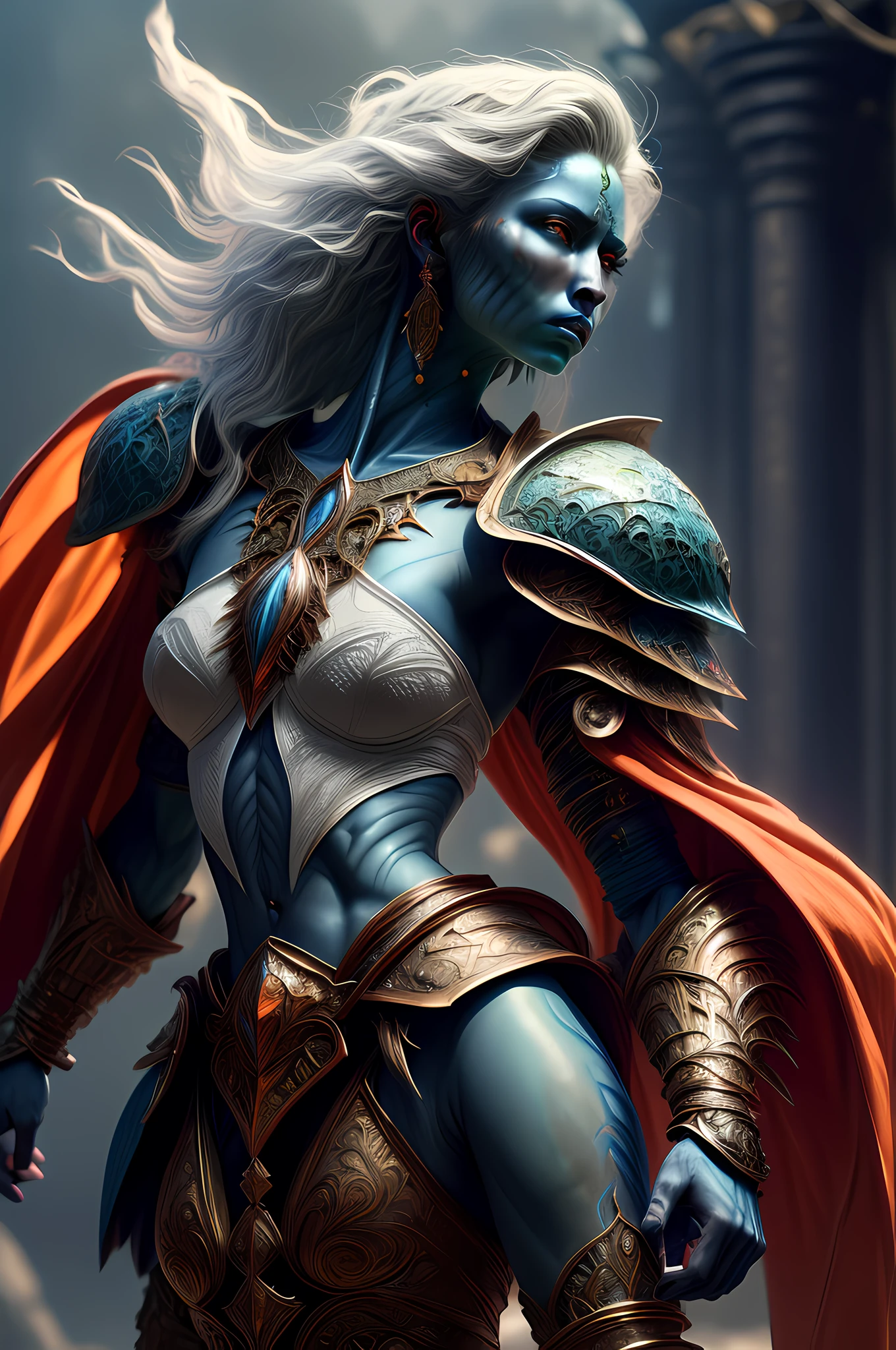 fantasy art, dnd art, RPG art, drkfntasy wide shot, (masterpiece:1.3), full body intense details, highly detailed, photorealistic, best quality, highres, portrait a vedalken female (fantasy art, Masterpiece, best quality: 1.3) (blue colored skin: 1.3), intense details facial details, exquisite beauty,  (fantasy art, Masterpiece, best quality)cleric, (blue colored skin: 1.3) 1person blue_skin, (white hair: 1.3), long hair, intense green eye, fantasy art, Masterpiece, best quality) armed a fiery sword red fire, wearing heavy (white: 1.3) half plate mail armor LnF wearing high heeled laced boots, wearing an(orange :1.3) cloak, wearing glowing holy symbol GlowingRunes_yellow, within fantasy temple background, reflection light, high details, best quality, 16k, [ultra detailed], masterpiece, best quality, (extremely detailed), dynamic angle, ultra wide shot, photorealistic, RAW, fantasy art, dnd art, fantasy art, realistic art