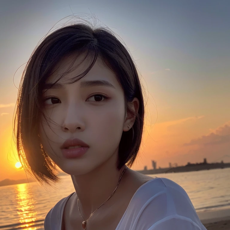 An ultra-high picture quality、Perfect Photo、18yo woman、Sunset、put out one's forehead、a short bob、A dark-haired、the wind、Eye of the cut、Narrow-eyed、Plump lips、large mouth、thick lips、Duck mouth、Kiss Face、Crying、