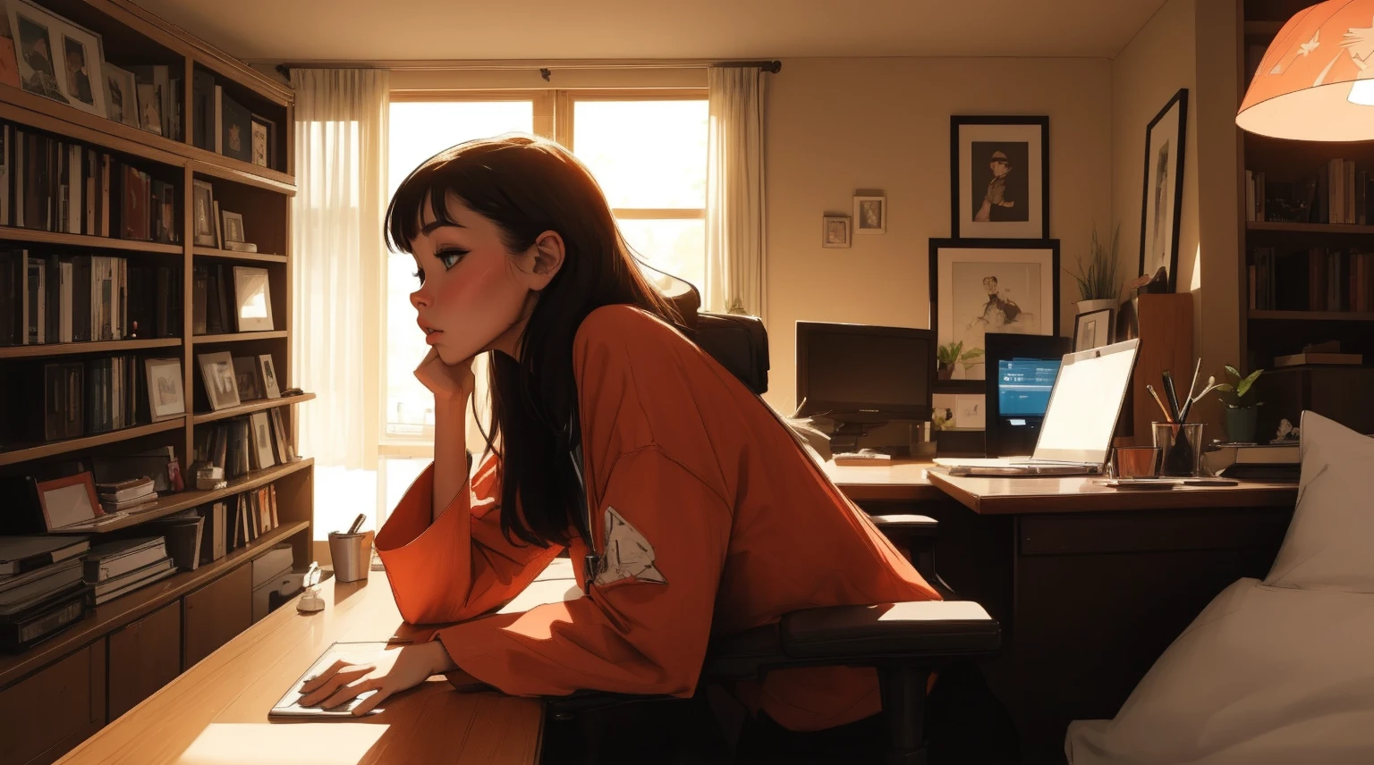master part, 4K Ultra HD, foco nítido, Realistic; azeitona holanda'The Gura Gawr style girl in a stylized black and red jumpsuit, apenas parte superior, fechar, Mantenha o rosto do Gawr Gura, mais realista, sitting in a gaming chair while playing on the computer and in the background a bookshelf with beautiful lighting.