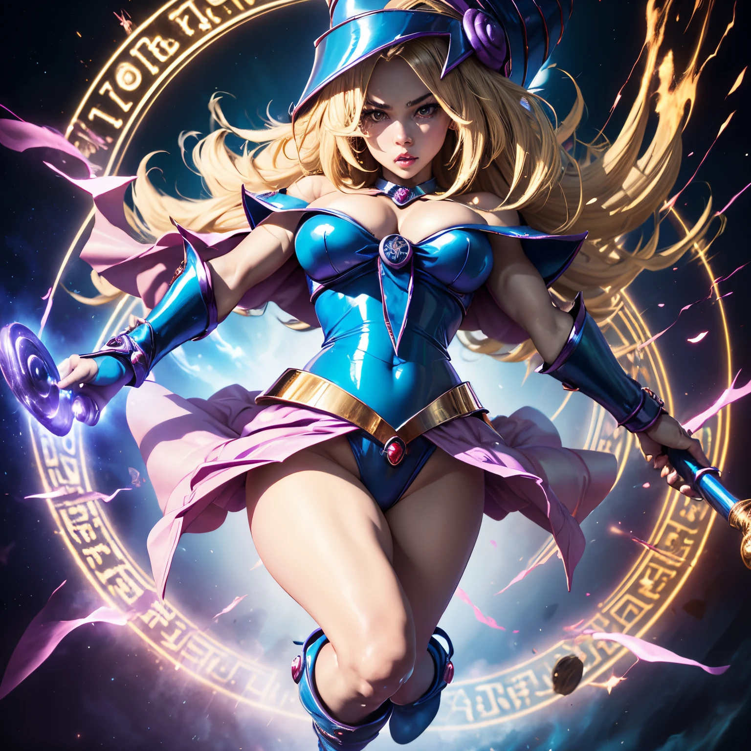 ultra-detailed, extremely detailed, masterpiece, highest quality, best quality, absurdres, highres, dark magician girl, (1girl:1.2), solo, detailed face, dynamic pose, hair flow, (full body:1.1),  blonde hair, long hair, looking at viewer, green eyes, , detailed skin, skin pores, (shiny skin, glossy skin:1.1), rosy skin details, , nail polish, skirt, blue footwear, blue headwear, wizard hat, wand, holding hat, (blue panties:0.9), (summoning circle:1.1), hexagram, pentacle, pentagram, yu-gi-oh!, duel monster, purple magic field, glow, detailed background, intricate background,