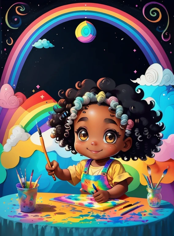 (cute black baby girl with curly hair smiling with a paintbrush painting a rainbow), Munchkin   ,Geometric multidimensional wall portrait, livro de arte, Tchibi,
Yang08k, Beautiful, Colouring,
Obras, of the highest quality, best quality, Arte Oficial, Beautiful and Aesthetic,