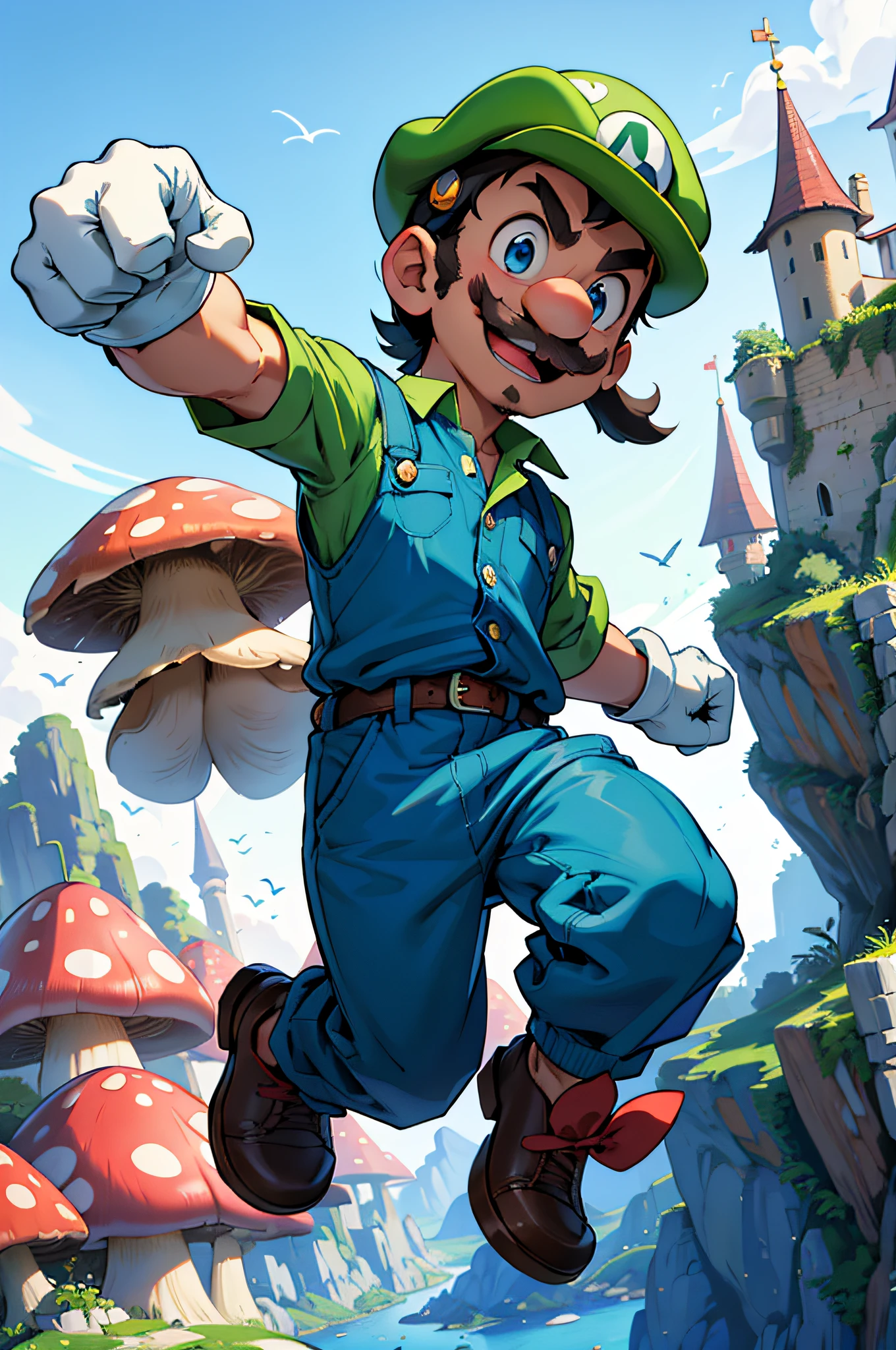 (masterpiece), (bestquality) Luigi, (Flashy mustache) blue jumpsuit, green shirt, green cap with letter L, smiling, 1boy, short man, little man, short legs, short arms, cartoon looking, jumping, dynamic pose, dynamic expression, smile, (fist up: 1.1), big hands, big foot, (white gloves: 1.1), mushroom kingdom in the background, giant mushrooms in the background, detailed background, castle with pink roofs on a mountain in the background,   cartoon style, defined eyes, blue eyes, white teeth