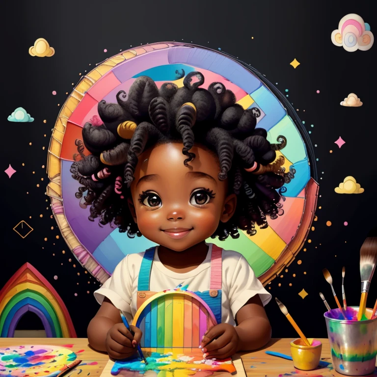 (cute black  girl with curly hair smiling with a paintbrush painting a rainbow), Munchkin   ,Geometric multidimensional wall portrait, livro de arte, Tchibi,
Yang08k, Beautiful, Colouring,
Obras, of the highest quality, best quality, Arte Oficial, Beautiful and Aesthetic,