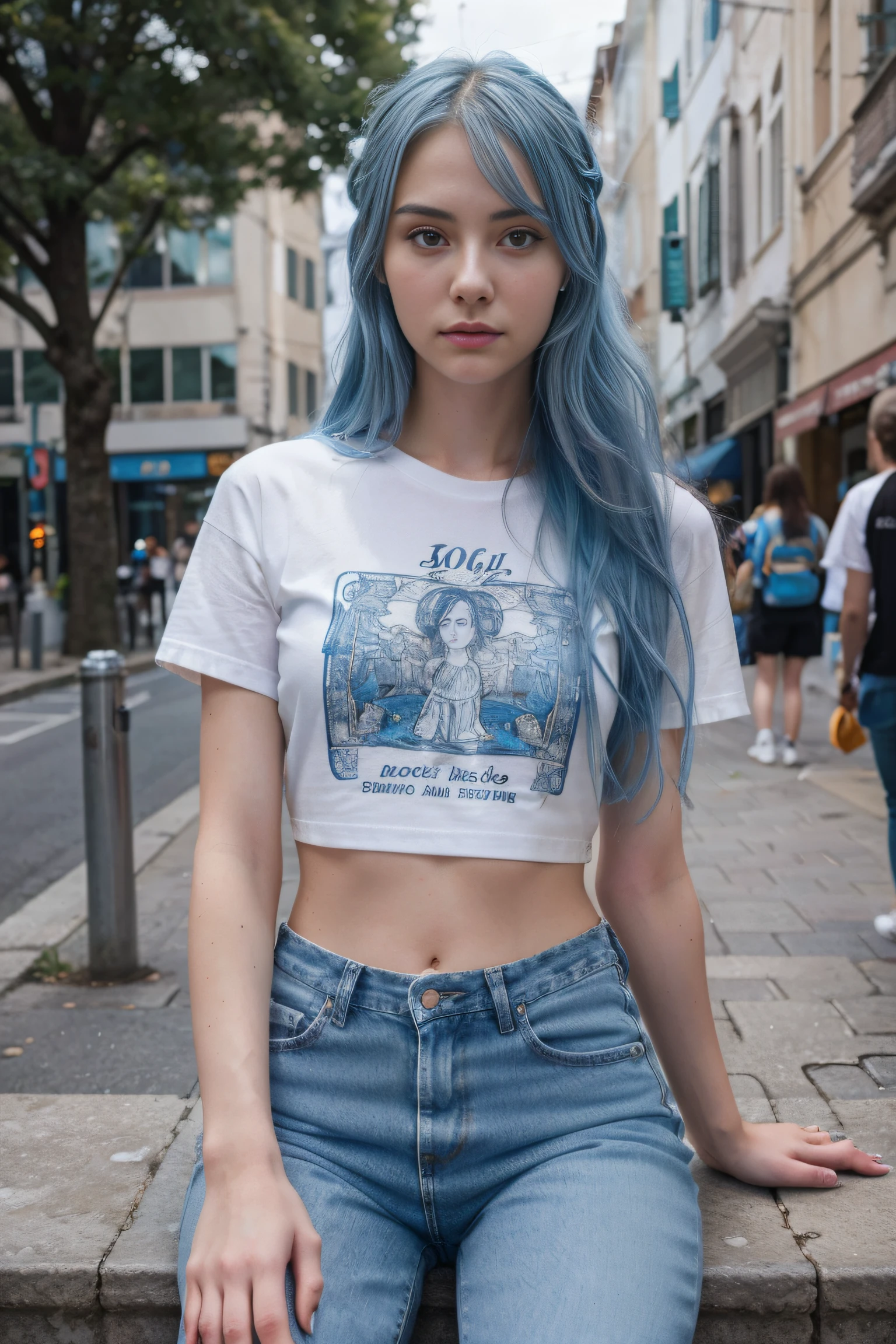 20 years old woman, flowing blue hair, detailed beautiful delicate face, high detailed skin, skiny and thin, face highlight, upper body, detailed face, tear mole, white skin, sitting on the bar, full street style outfit, jean and t-shirt. RAW, analog, Nikon Z 85mm, ((best quality)) ((masterpiece)), intricate details