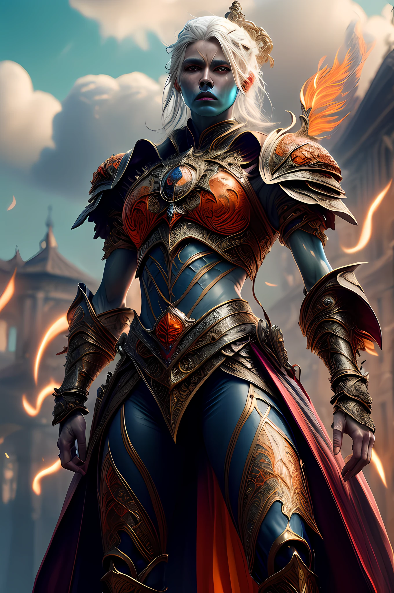 fantasy art, dnd art, RPG art, drkfntasy wide shot, (masterpiece:1.3), full body intense details, highly detailed, photorealistic, best quality, highres, portrait a vedalken female (fantasy art, Masterpiece, best quality: 1.3) (blue colored skin: 1.3), intense details facial detail fantasy art, Masterpiece, best quality)cleric, (blue colored skin: 1.3) 1person blue_skin, (white hair: 1.3), long hair, intense green eye, fantasy art, Masterpiece, best quality) armed a fiery sword red fire, wearing heavy (white: 1.3) half plate mail armor LnF wearing high heeled laced boots, wearing an(orange :1.3) cloak, wearing glowing holy symbol GlowingRunes_yellow,  within fantasy temple background and sun and clouds, reflection light, high details, best quality, 16k, [ultra detailed], masterpiece, best quality, (extremely detailed), dynamic angle, ultra wide shot, photorealistic, RAW, fantasy art, dnd art, fantasy art, realistic art