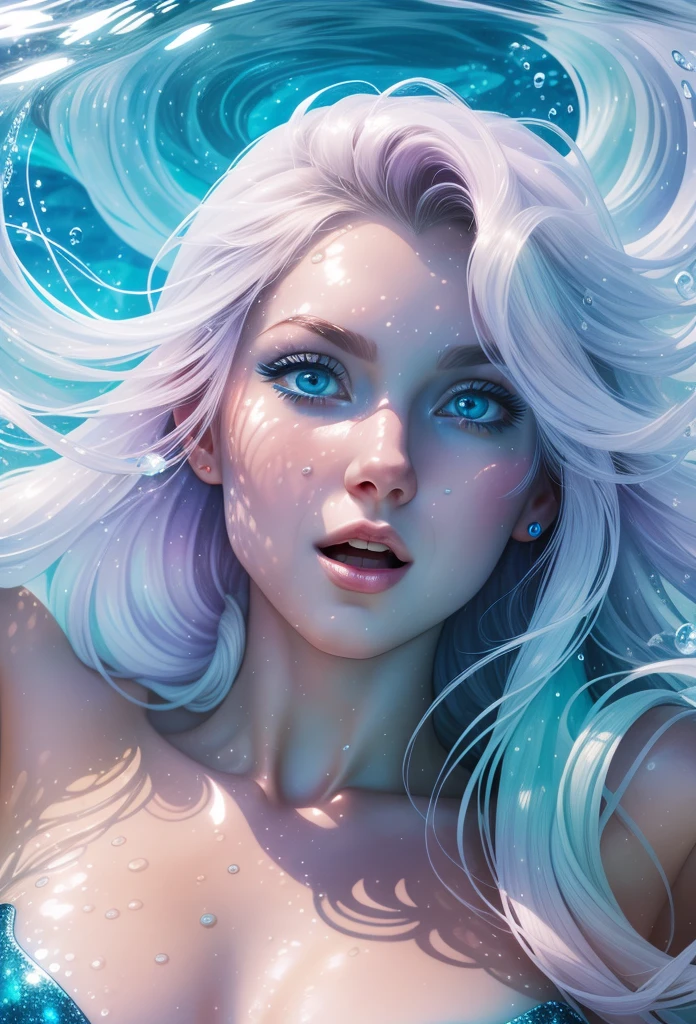 (masterpiece), best quality, ultra-detailed, a unicorn woman, close-up, dynamic pose and expression, deep and magical oceanic atmosphere, (ocean hair + blue eyes), (underwater lighting + rippling waters), watercolor.