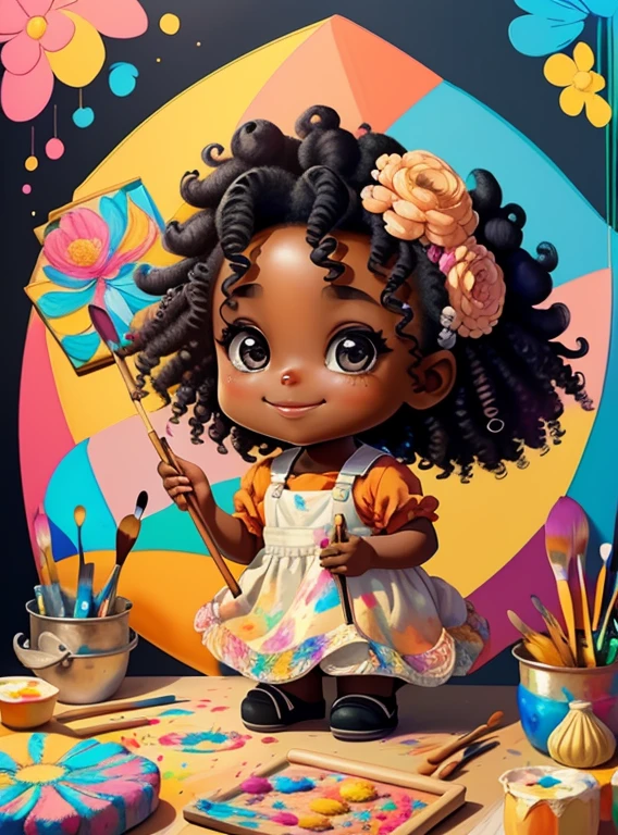 (cute black  girl with curly hair smiling with a paintbrush painting a beautiful flower), Munchkin   ,Geometric multidimensional wall portrait, livro de arte, Tchibi,
Yang08k, Beautiful, Colouring,
Obras, of the highest quality, best quality, Arte Oficial, Beautiful and Aesthetic,