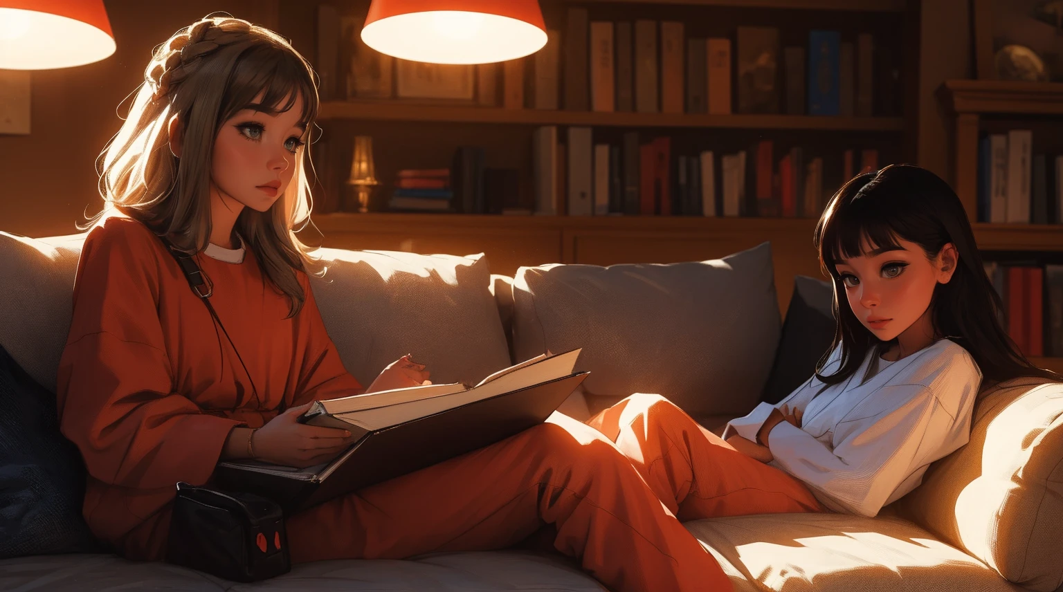 master part, 4K Ultra HD, foco nítido, Realistic; azeitona holanda'The Gura Gawr style girl in a stylized black and red jumpsuit, apenas parte superior, fechar, Mantenha o rosto do Gawr Gura, mais realista, sitting on a sofa while in the background a bookshelf with beautiful lighting.