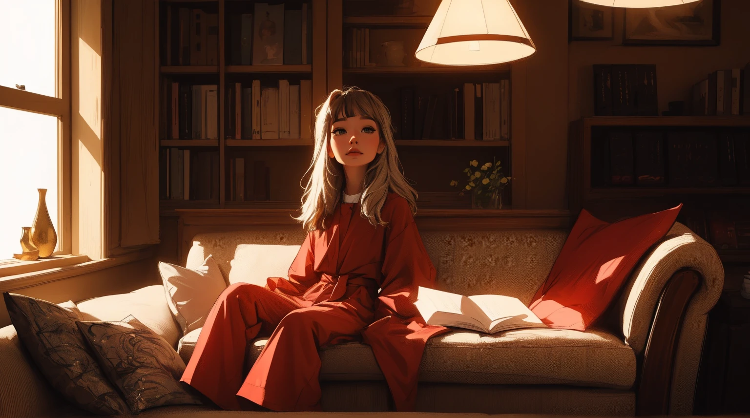 master part, 4K Ultra HD, foco nítido, Realistic; azeitona holanda'The Gura Gawr style girl in a stylized black and red jumpsuit, apenas parte superior, fechar, Mantenha o rosto do Gawr Gura, mais realista, sitting on a sofa while in the background a bookshelf with beautiful lighting.