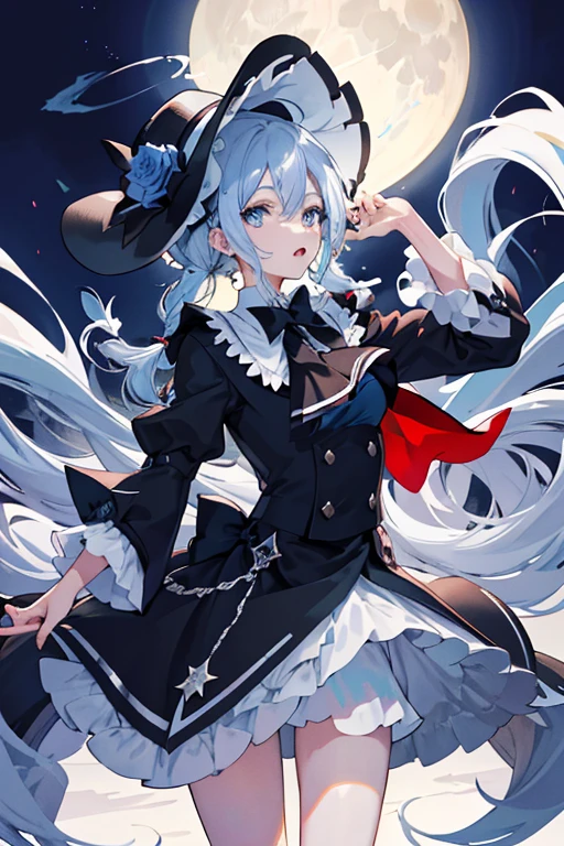 1 girl, cute, young, white hair, twintail, blue eyes, witch clothes, thigh boots,