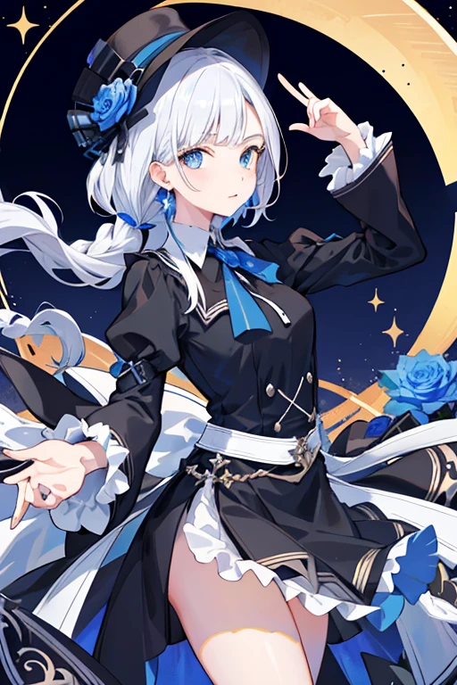 ((tmasterpiece:1.4,best qualtiy))++,(hyper-detailing)+,(best qualtiy,hyper-detailing,vivd colour,rich colourful,dynamic angle,hight contrast:1.2),A teenager,boy,Height approx. 165cm,long white hair,Braided,blue color eyes,Wearing a black magic hat,Decorated with blue roses and white ribbonagister。delicated face,exquisite facial featurerom below:0.5), Fashionab, with dynamism, garments, posing on a, frontage, rich colourful, dyna, Background with, element in, self-assured, Expressing the, statement, fittings, A majestic, coil, Runt, Scenes, Cover of a, boldness, attention-grabbing, Fashionab, typeface, Catchy, attention-grabbinodern day, Fashionab, focal, Fashionab,the night,themoon,stage,performance,A huge scene,lamplight