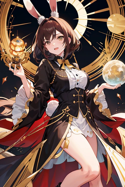 ((tmasterpiece:1.4,best qualtiy))++,(hyper-detailing)+,(best qualtiy,hyper-detailing,vivd colour,rich colourful,dynamic angle,hight contrast:1.2),A teenager,Height about 159cm,Brown hair,Rabbit ears on head,Wearing gold wire glasselack magic hat(hyper-detailing,delicated),Golden eyes,European clothing。European,circuagister,delicated face,exquisite facial featurerom below:0.5), Fashionab, with dynamism, garments, posing on a, frontage, rich colourful, dyna, Background with, element in, self-assured, Expressing the, statement, fittings, A majestic, coil, Runt, Scenes, Cover of a, boldness, attention-grabbing, Fashionab, typeface, Catchy, attention-grabbinodern day, Fashionab, focal, Fashionab,the night,themoon,stage,performance,A huge scene,lamplight