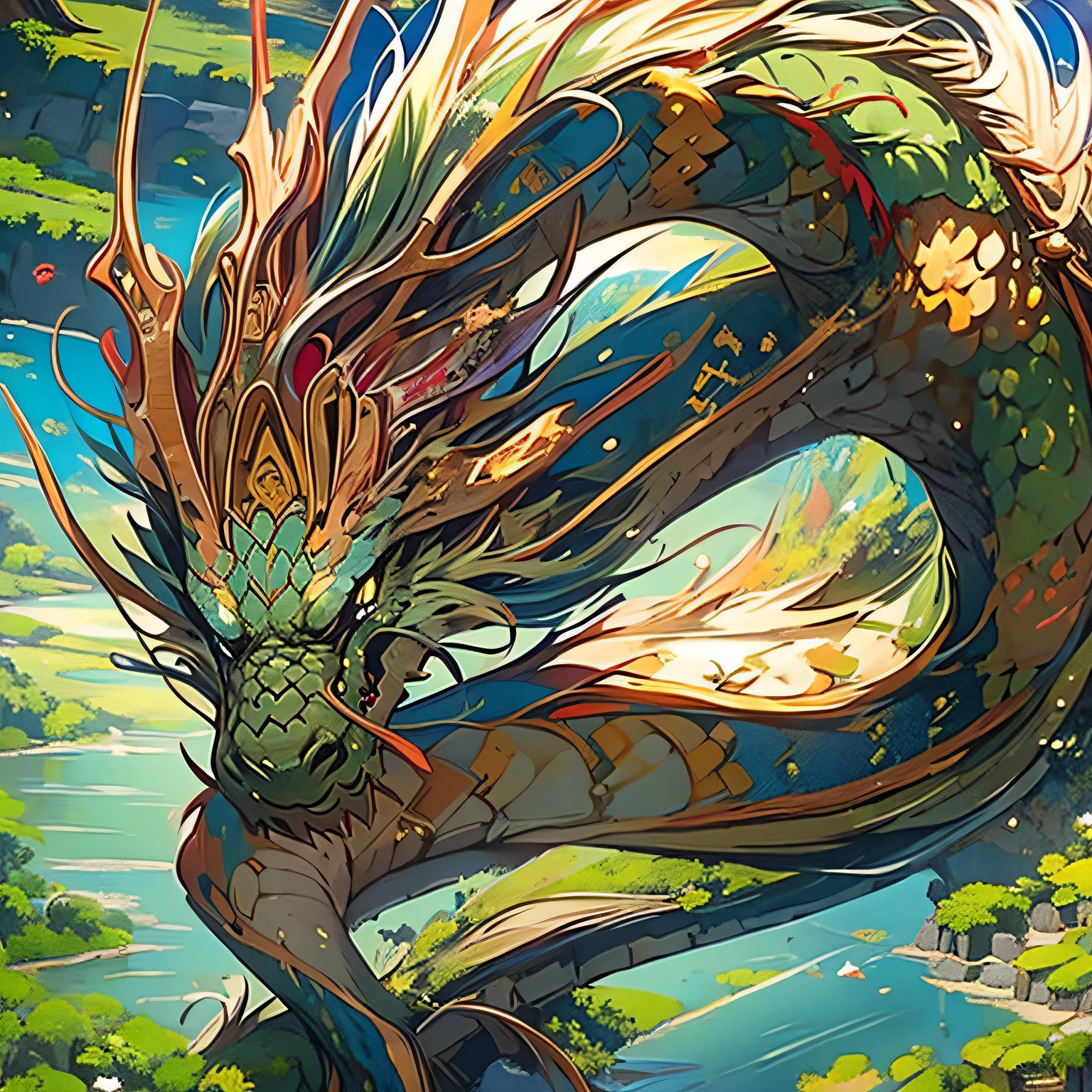 16K ultra-high definition ultra-definition masterpiece full color ,9 dragon, gold, fly over the lake