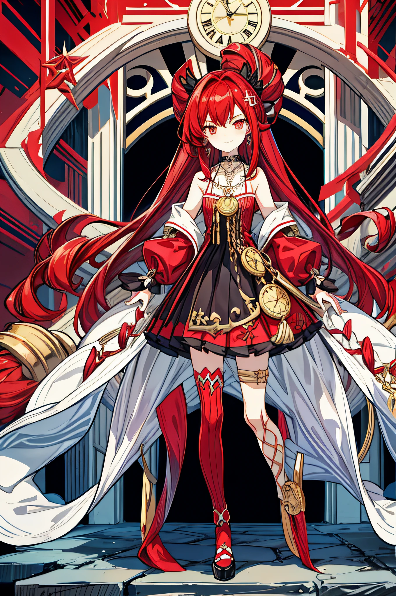 {{Eroge,Game CG,High quality game CG},{{{1girl in}}},{{masutepiece}}, {{{Best Quality}}}, {{Ultra-detailed}}, {{Illustration}},,{{magical girl}},brooches,,Lori,Petite, {{disheveled hair}},,Big hair, Gradient Hair,hololive,Small breasts,,,Blonde hair,Drill Hair, {pocket watch},absurdly long hair, Dreadlocks, Red hair, Red hair,Red hair,Gradient Hair, smug,Evil smile, v shaped_eyebrows, zettai_ryouiki,,,, clock tower, ,,tower,,,Devil Girl, Slit pupils,,slit,zippers, street snap, Standing,Retro fashion style girl. She needs some 70's inspired elements, Floral patterns, pleated skirts, etc.. Incorporate bright colors and bold patterns into your outfits. Add accessories like fringed earrings or a statement necklace.、Complete the look. The background can be a neutral setting or a retro-inspired background.Red hair,