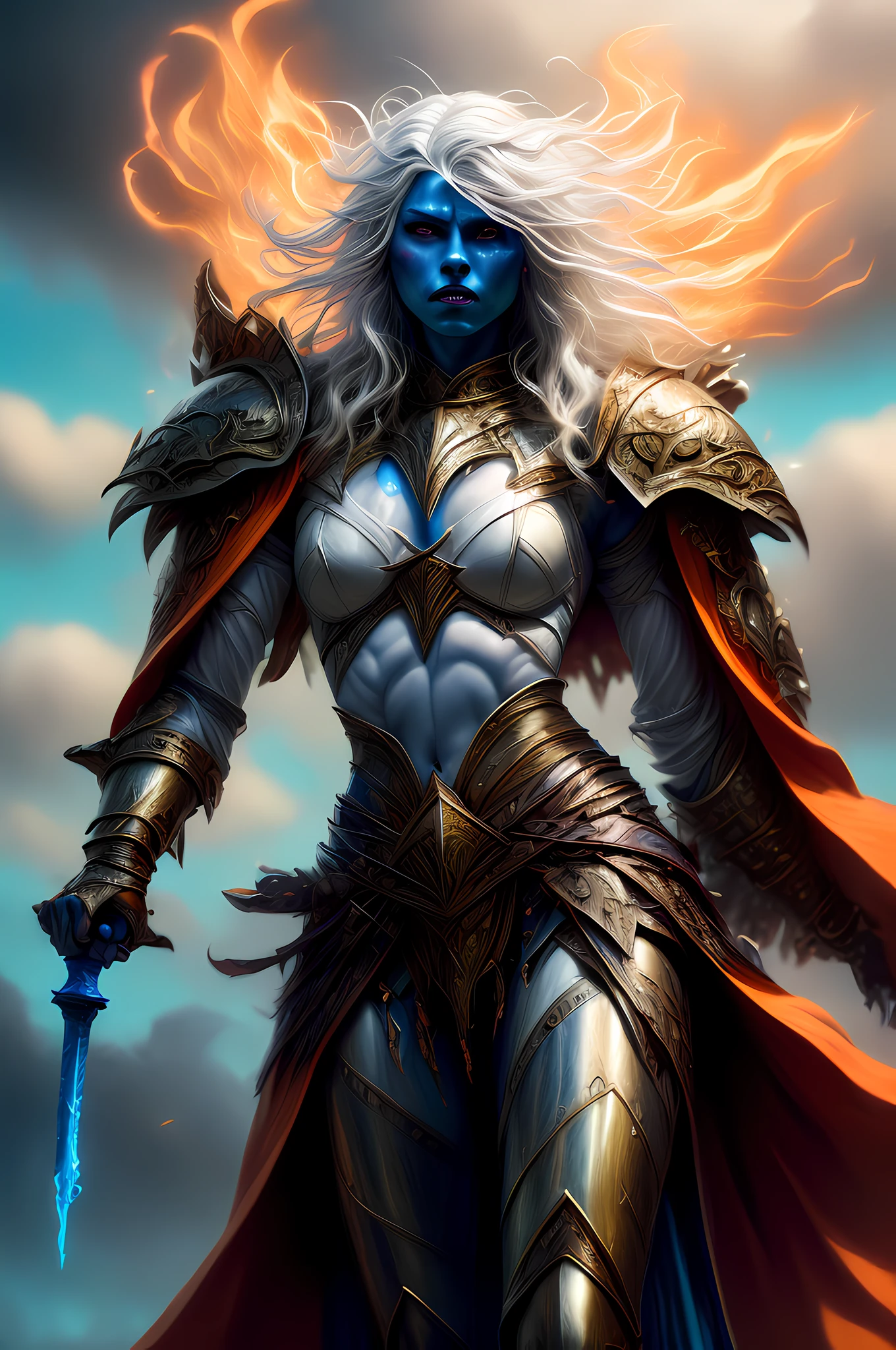 fantasy art, dnd art, RPG art, drkfntasy wide shot, (masterpiece:1.3), full body intense details, highly detailed, photorealistic, best quality, highres, portrait a vedalken female (fantasy art, Masterpiece, best quality: 1.3) (blue colored skin: 1.3), intense details facial detail fantasy art, Masterpiece, best quality)cleric, (blue colored skin: 1.3) 1person blue_skin, (white hair: 1.3), long hair, intense green eye, fantasy art, Masterpiece, best quality) armed a fiery sword red fire, wearing heavy (white: 1.3) half plate mail armor LnF wearing high heeled laced boots, wearing an(orange :1.3) cloak, wearing glowing holy symbol GlowingRunes_yellow,  within fantasy temple background and sun and clouds, reflection light, high details, best quality, 16k, [ultra detailed], masterpiece, best quality, (extremely detailed), dynamic angle, ultra wide shot, photorealistic, RAW, fantasy art, dnd art, fantasy art, realistic art
