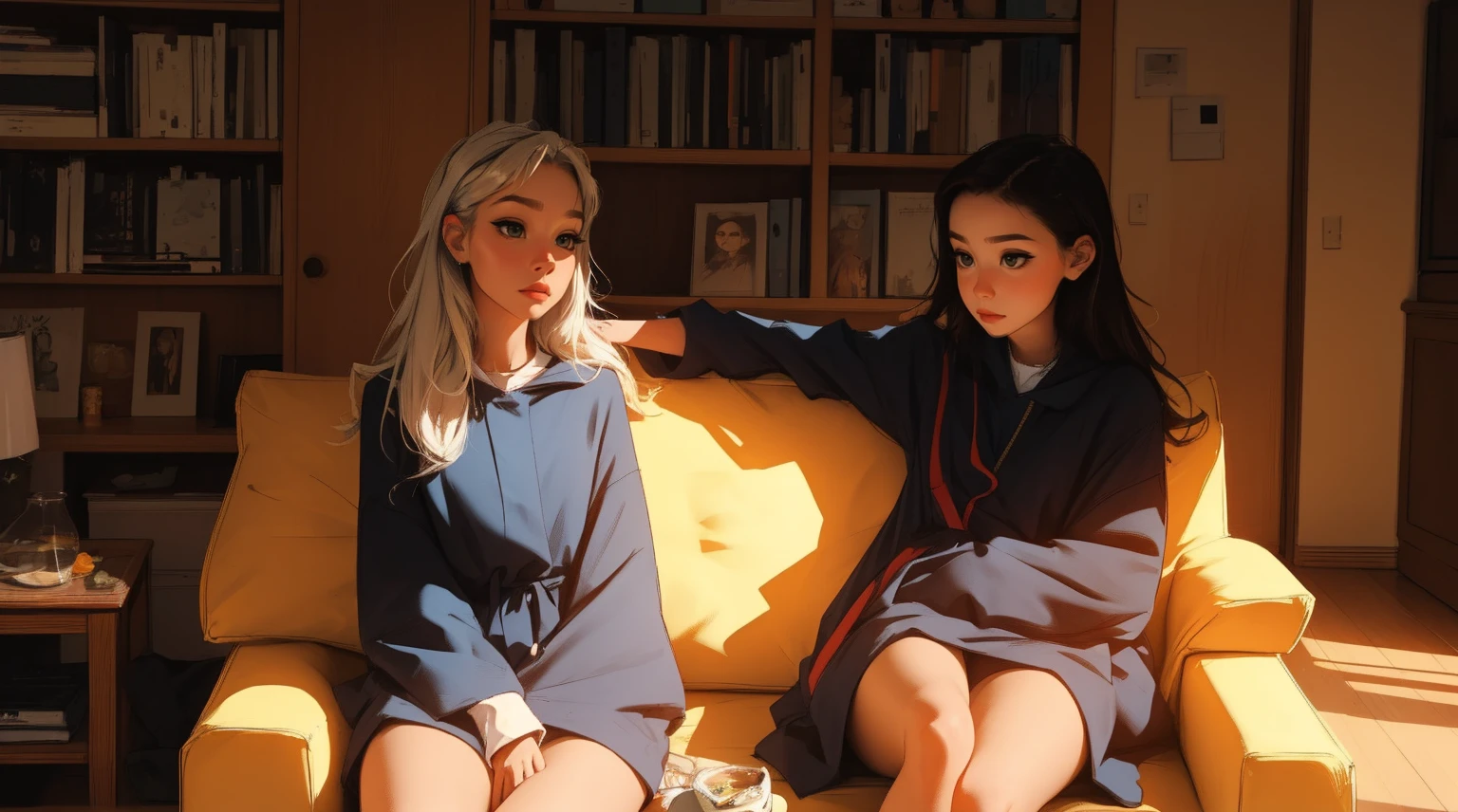 master part, 4K Ultra HD, foco nítido, Realistic; azeitona holanda'The Gura Gawr style girl in a stylized black and red jumpsuit, apenas parte superior, fechar, Mantenha o rosto do Gawr Gura, mais realista, sitting on a sofa with a bookshelf in the background.
