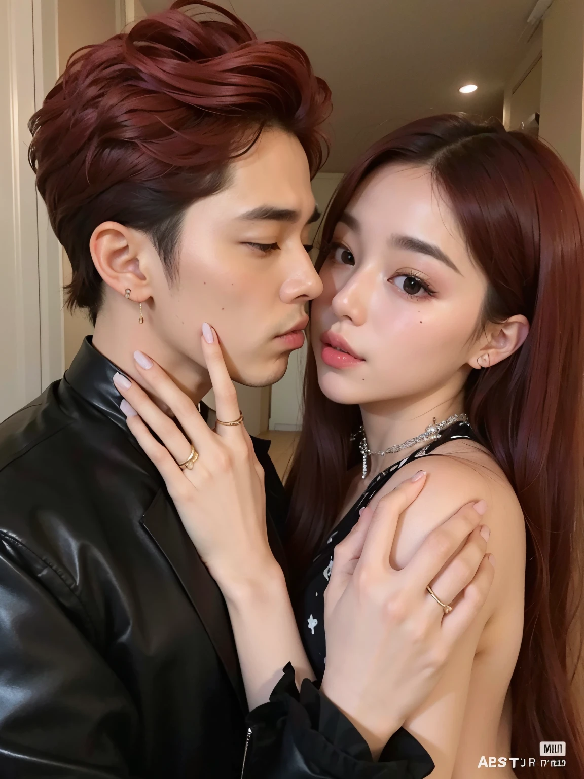 un primer plano de una persona besando a una mujer pelirroja, Cai Xukun, Taejune Kim, Pose de pareja, Pareja encantadora, they are in love, kissing together cutely, Sha Xi, Jossi de Blackpink, Jinyoung Shin, 😭🤮 💔, they are close to each other, Sun Yunjoo, con el pelo rojo, JIA