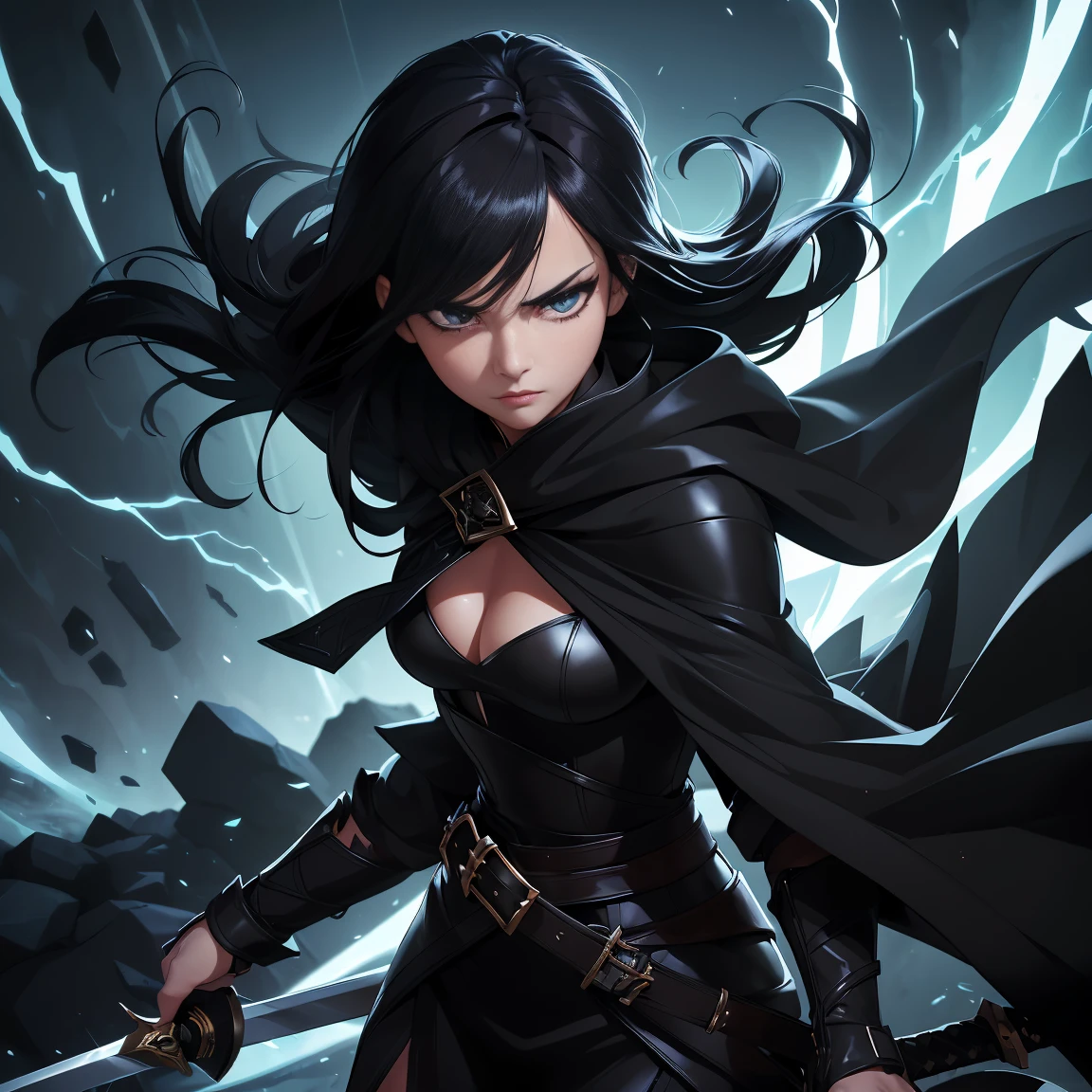 (best quality,highres,masterpiece:1.2),ultra-detailed,1girl,black hair,hair covering one eye,sexy,swordsman,black clothes,black cloak,dark warrior,ecchi,sharp focus,stylish, intense gaze,dynamic pose,dark background,dramatic lighting,stormy atmosphere,glowing sword,vivid colors,anime style