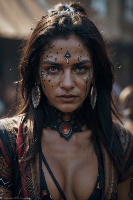 “”warrior” by Steve McCurry, 35mm, F/2.8, insanely detailed and intricate, character, hypermaximalist, brutal, ornate, beautiful, blue red facepaint, hairy, tribal, savage, dreadful, gothic, revealing, disappealing, repulsive, hateful, hyper-realistic, super detailed, popular on Flickr”