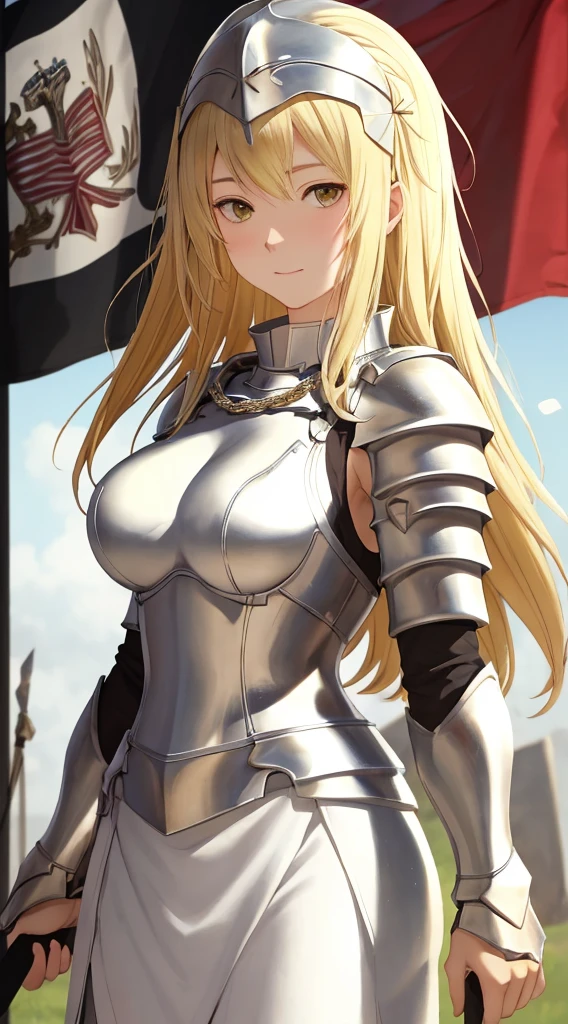 best quality, masterpiece,highly detailed,anime,1girl,  face, mature face, mature female, mature woman, mature beauty,  blonde, mature blonde,upper body,(jeanne d'arc),medium breasts,perfect face,blond hair,long hair,(white clotheare shoulder),armored dress,no armor on breasts,breasts covered by white clothes from above,chain,headwear,flag,battlefield in background,depth of field,looking at viewer,cinematic lighting,