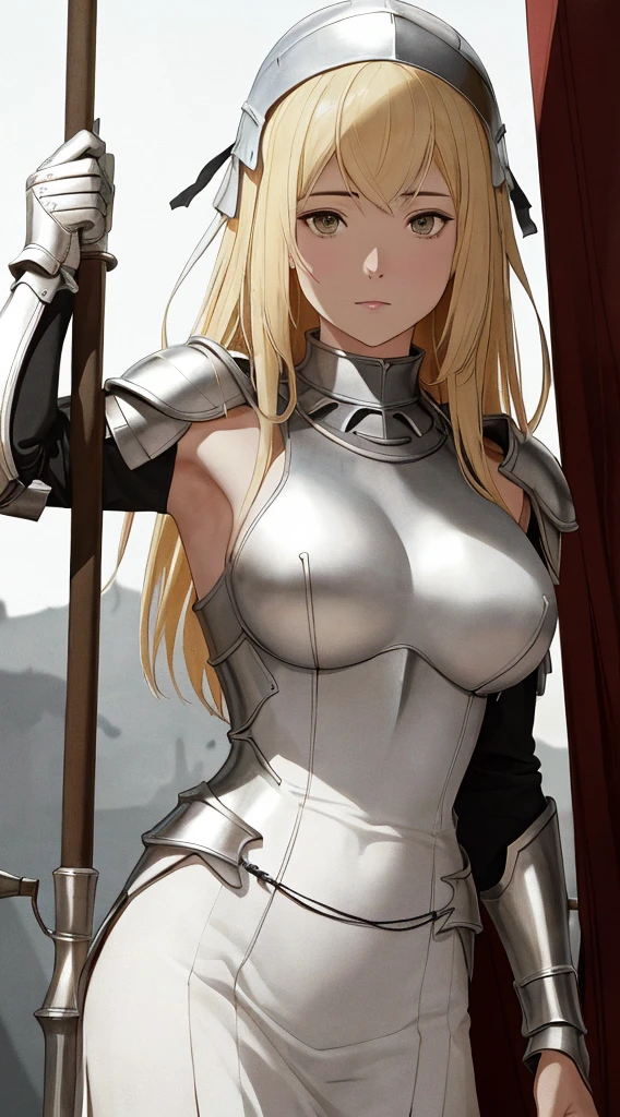 best quality, masterpiece,highly detailed,anime,1girl, face, mature face, mature female, mature woman, mature beauty, blonde, mature blonde,upper body,(jeanne d'arc),medium breasts,perfect face,blond hair,long hair,(white clotheare shoulder),armored dress,no armor on breasts,breasts covered by white clothes from above,chain,headwear,flag,battlefield in background,depth of field,looking at viewer,cinematic lighting,