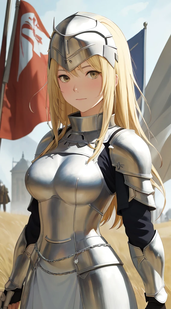 best quality, masterpiece,highly detailed,anime,1girl,  face, mature face, mature female, mature woman, mature beauty,  blonde, mature blonde,upper body,(jeanne d'arc),medium breasts,perfect face,blond hair,long hair,(white clotheare shoulder),armored dress,no armor on breasts,breasts covered by white clothes from above,chain,headwear,flag,battlefield in background,depth of field,looking at viewer,cinematic lighting,