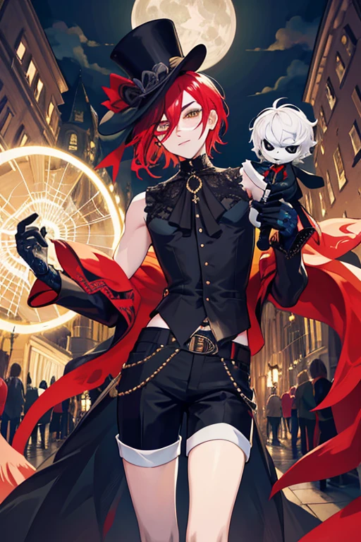 ((tmasterpiece:1.4,Best quality))++,(hyper-detailing)+,(Best quality,hyper-detailing,vibrant with colors,rich colourful,dynamic angle,hight contrast:1.2),A young boy with,Height about 145cm,Dark Shota Properties,Short hair details,There a puppet that exactly the same as the main body next to it,Heteropupil,Wearing a black top hat on one side of his head,Black spiderweb lace at base,European clothing,Short pants,Spider element,Puppet element,misturopean,circuagister,delicated face,exquisite facial featurerom below:0.5), Fashionab, with dynamism, garments, posing on a, frontage, rich colourful, dyna, Background with, element in, self-assured, Expressing the, statement, fittings, A majestic, coil, Runt, Scenes, Cover of a, boldness, attention-grabbing, Fashionab, typeface, Catchy, attention-grabbinodern day, Fashionab, focal, Fashionab,the night,themoon,stage,performance,A huge scene,lamplight
