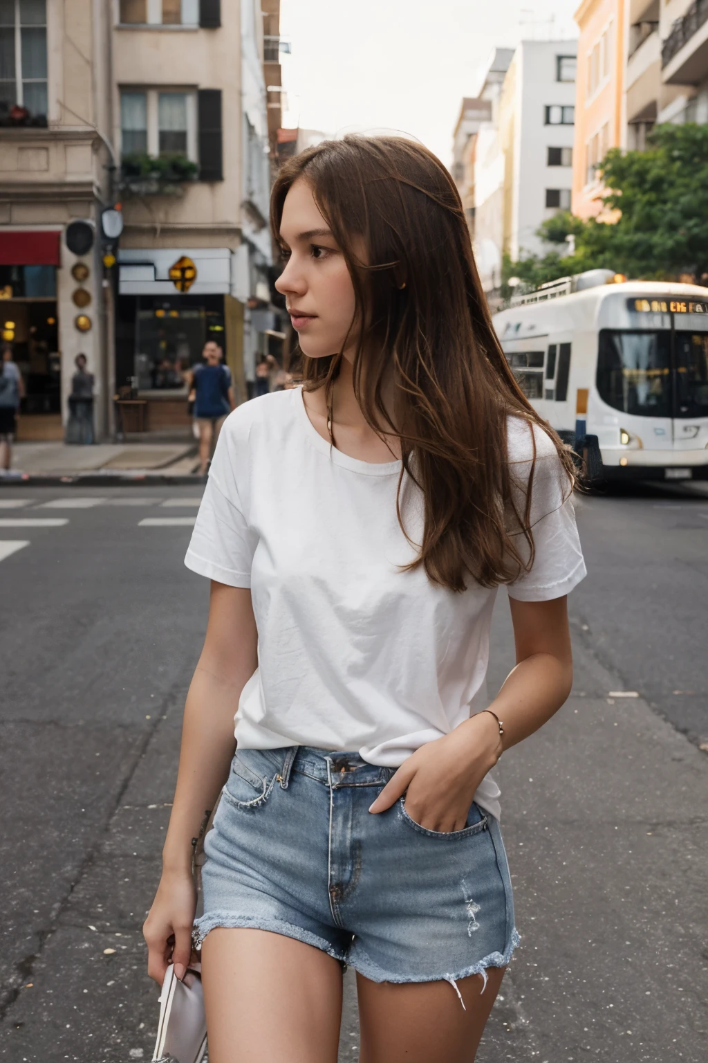 a 22 year old slender girl with light brown hair wearing jeans-shorts. She wears a plain simple white t-shirt and white sneakers. She is in a city